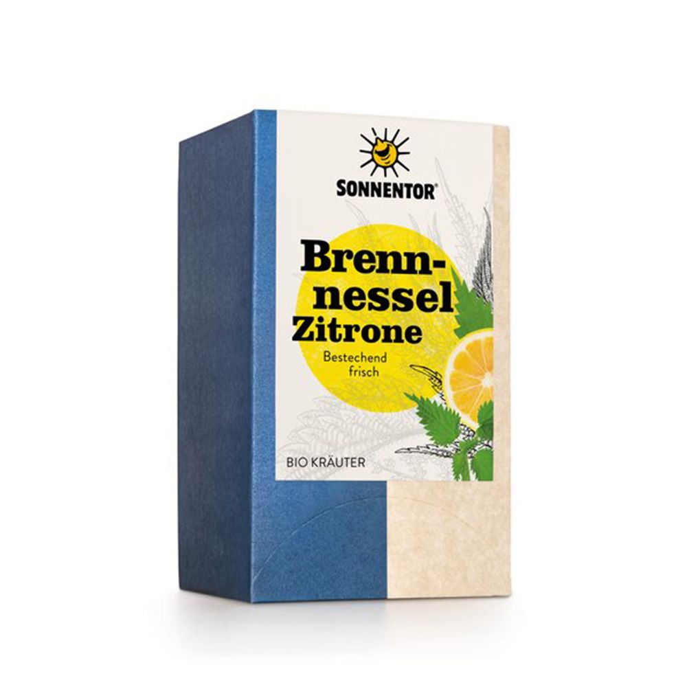 Karton mit SONNENTOR BIO BRENNNESSEL-ZITRONE. Aufdruck mit Produktname, Zitrone, Brennnessel-Blatt. BIO KRÄUTER.