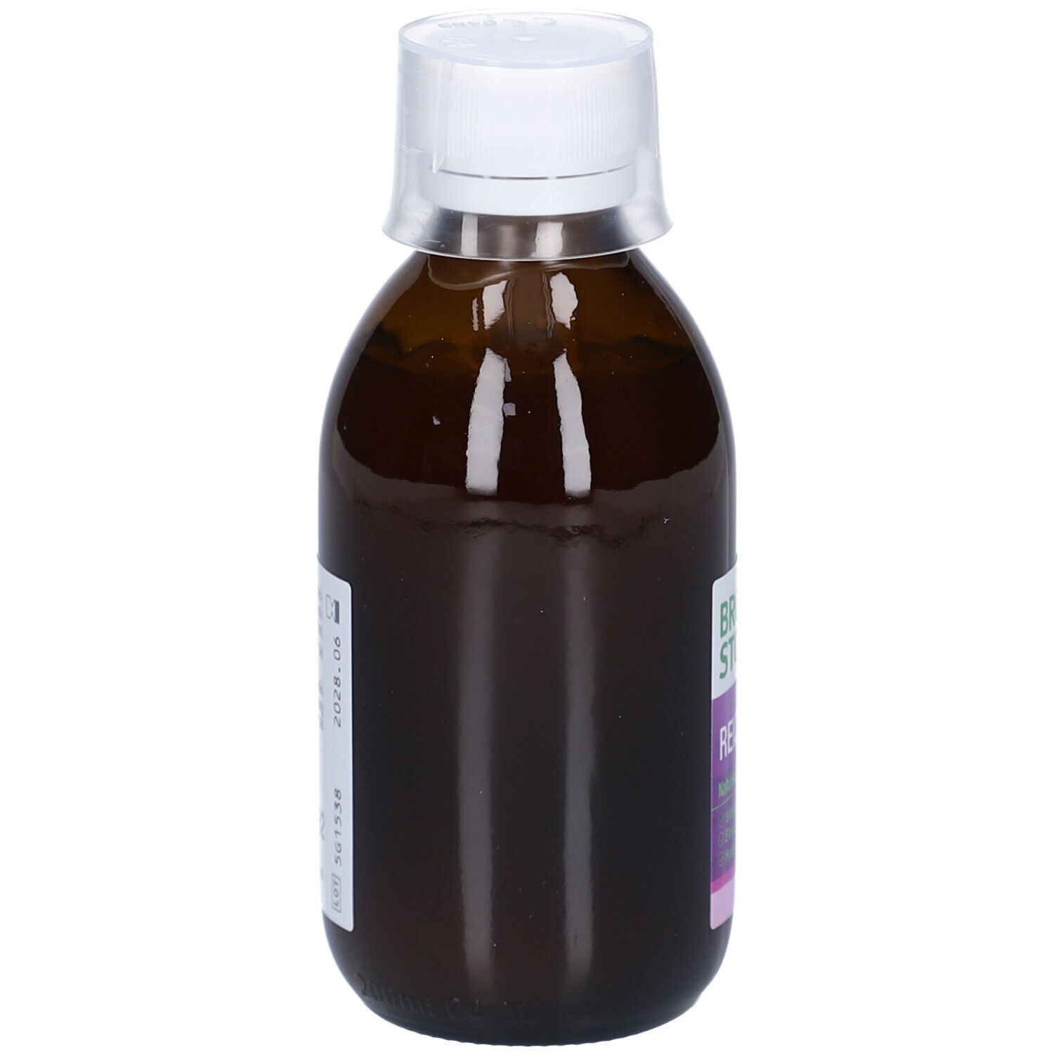 BRONCHOSTOP® Reizhusten-Flasche. Braune Flasche mit weißem Deckel. Produktname und Inhaltsstoffe auf dem Etikett.