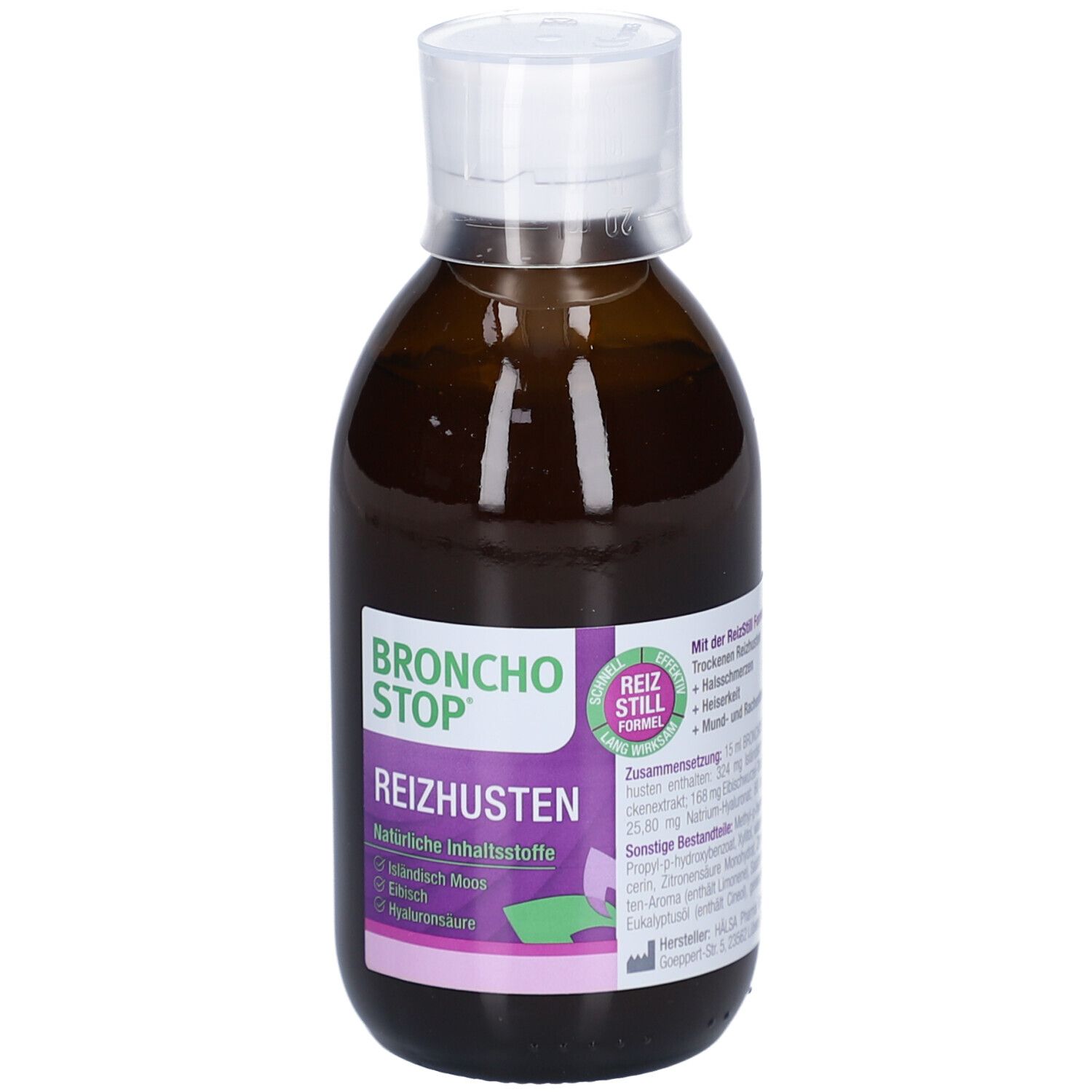BRONCHOSTOP® Reizhusten-Flasche. Braune Flasche mit weißem Deckel. Produktname und Inhaltsstoffe auf dem Etikett.