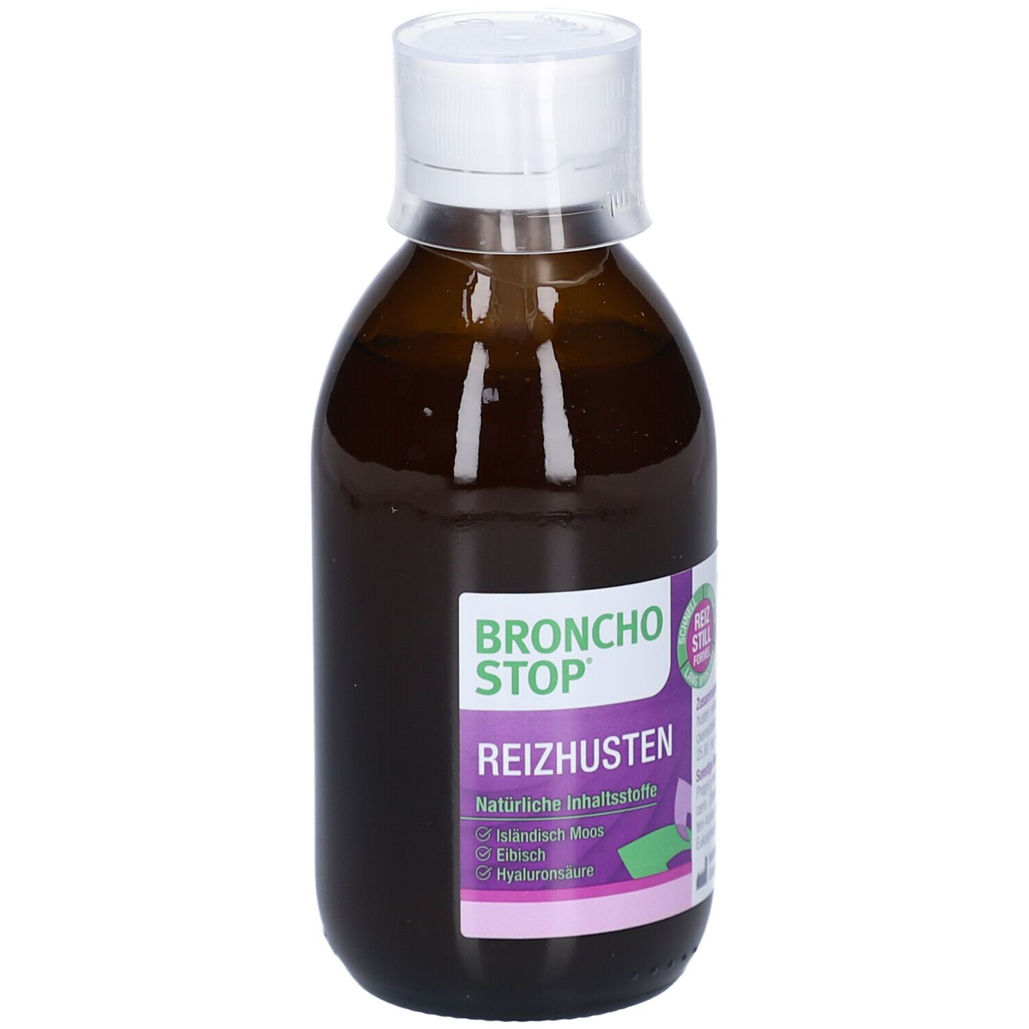 BRONCHOSTOP® Reizhusten-Flasche. Braune Flasche mit weißem Deckel. Produktname und Inhaltsstoffe auf dem Etikett.
