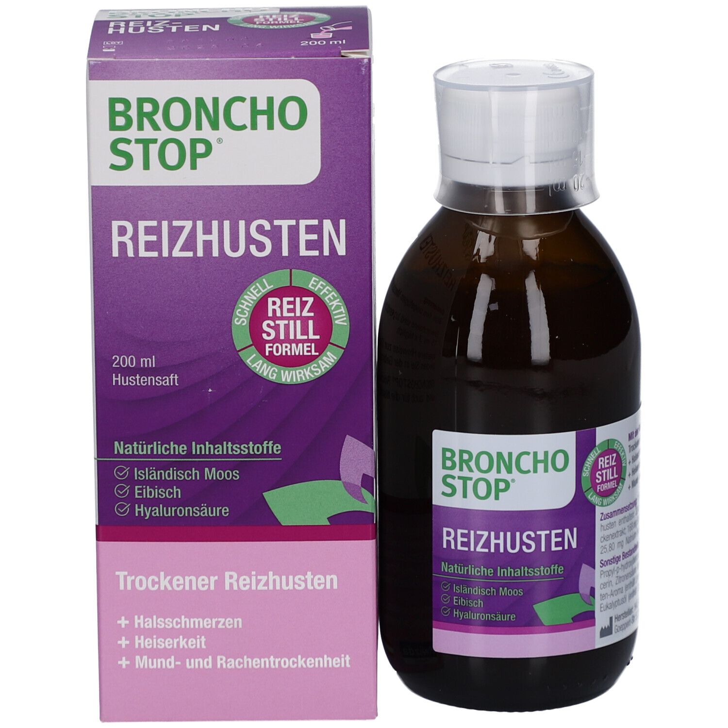 BRONCHOSTOP® Reizhusten-Flasche und Verpackung. Braune Flasche, weiße Kappe, lila-weiße Schachtel. 200 ml.