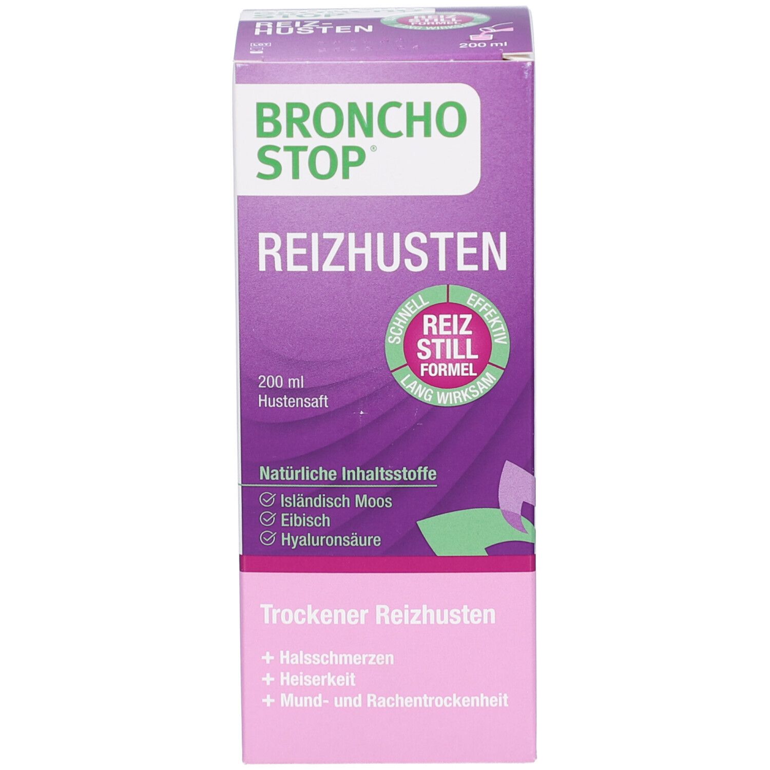 BRONCHOSTOP® Reizhusten-Verpackung. Lila-weiße Schachtel mit Produktnamen und Inhaltsstoffen. 200 ml Hustensaft.