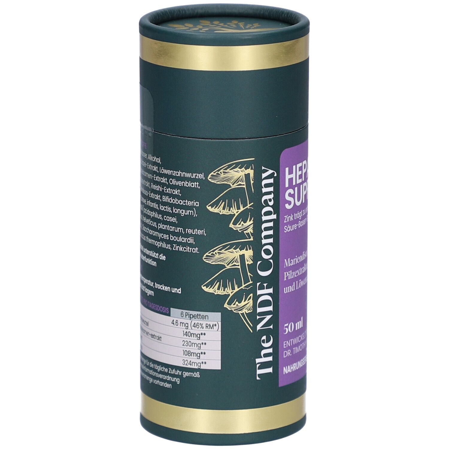 Zylindrische Dose. Rückseite mit Zutatenliste und Nährwertangaben. Enthält u.a. Mariendistel, Zinkcitrat. 6 Pipetten.
