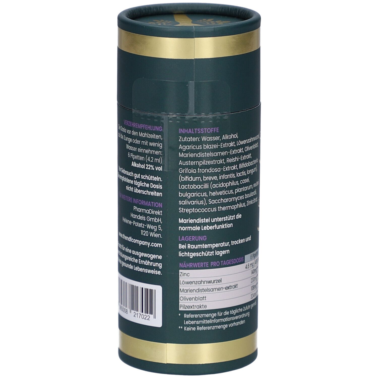 Zylindrische Dose. Rückseite mit Verzehrempfehlung, Inhaltsstoffen, Lagerungshinweisen und Kontaktinformationen. Barcode.