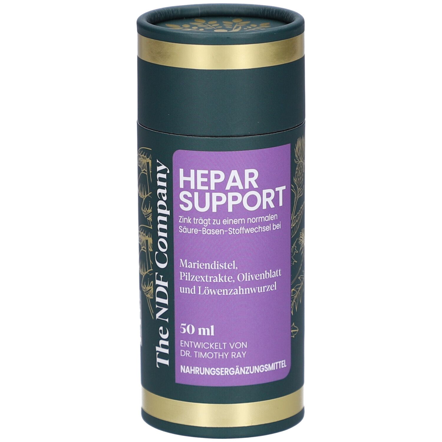 Zylindrische Dose. Violettes Etikett mit Text: HEPAR SUPPORT, Mariendistel, Olivenblatt, Löwenzahnwurzel. 50 ml. The NDF Company.