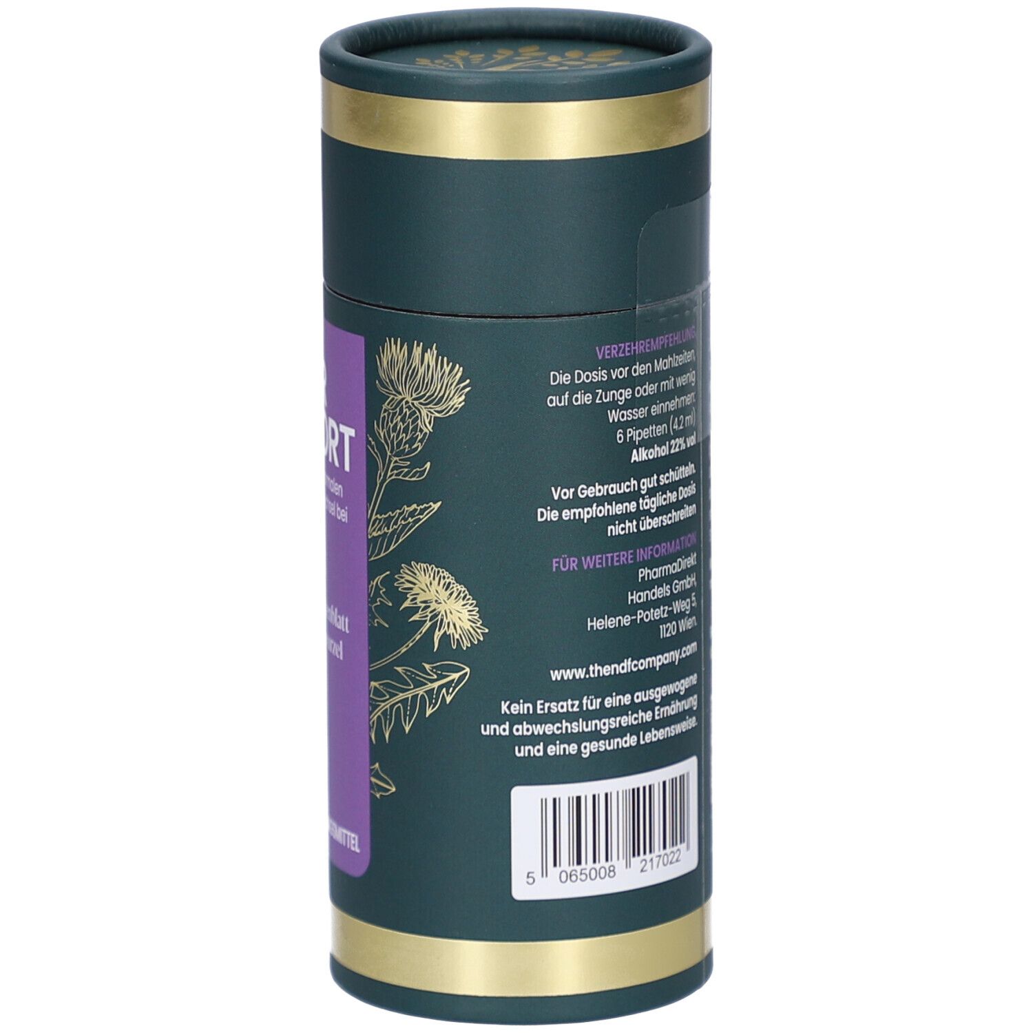 Zylindrische Dose. Rückseite mit Verzehrempfehlung, Inhaltsstoffen, Lagerungshinweisen und Kontaktinformationen. Barcode.