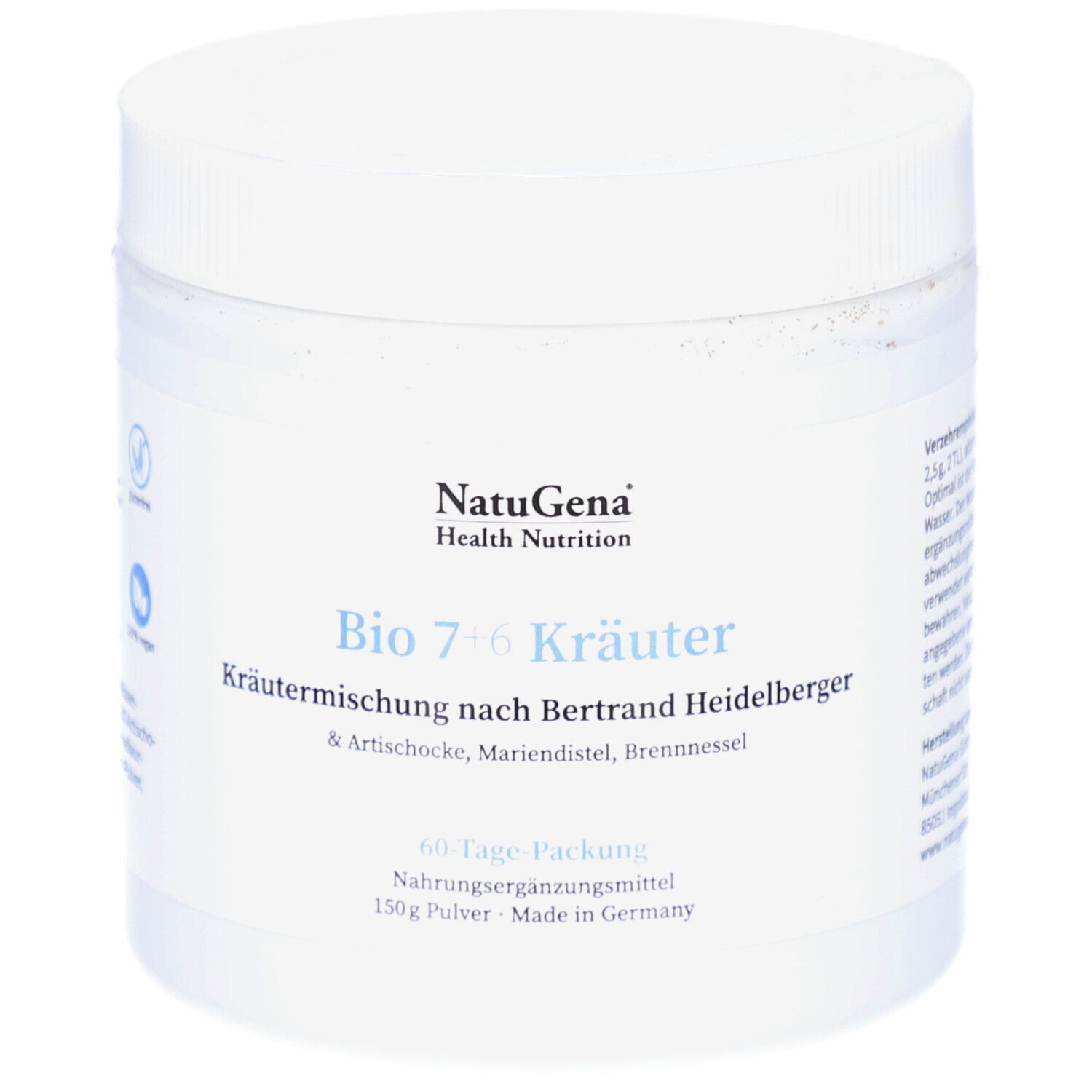 Weißes, zylindrisches Behältnis mit Schraubverschluss. Aufschrift: NatuGena, Bio 7+6 Kräuter. 60-Tage-Packung. 150g Pulver.