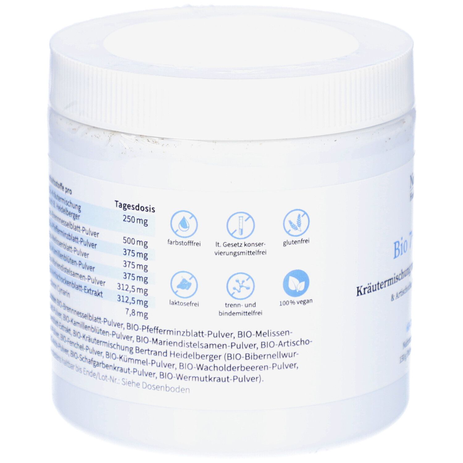 Rückseite des weißen Behälters. Auflistung der Inhaltsstoffe und Nährwerte. Symbole für glutenfrei, vegan, etc. Text in deutscher Sprache.