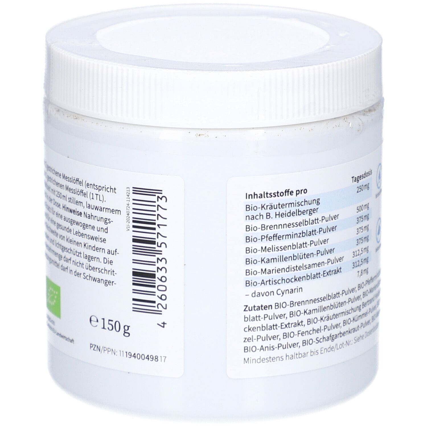 Rückseite des weißen Behälters. Text mit Inhaltsstoffen, Nährwertangaben, und Chargennummer. Bio-Siegel. 150g.