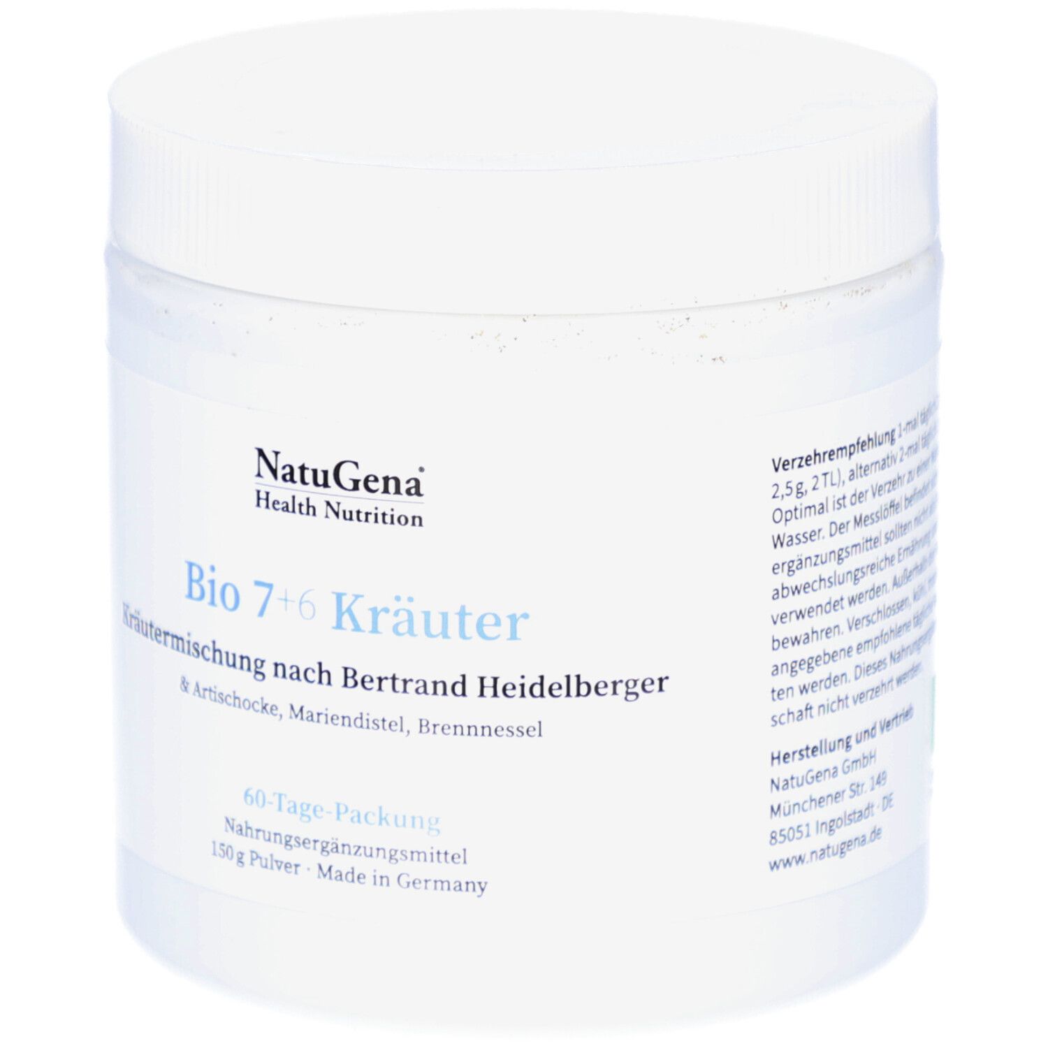 Weißes, zylindrisches Behältnis mit Schraubverschluss. Aufschrift: NatuGena, Bio 7+6 Kräuter. 60-Tage-Packung. 150g Pulver.