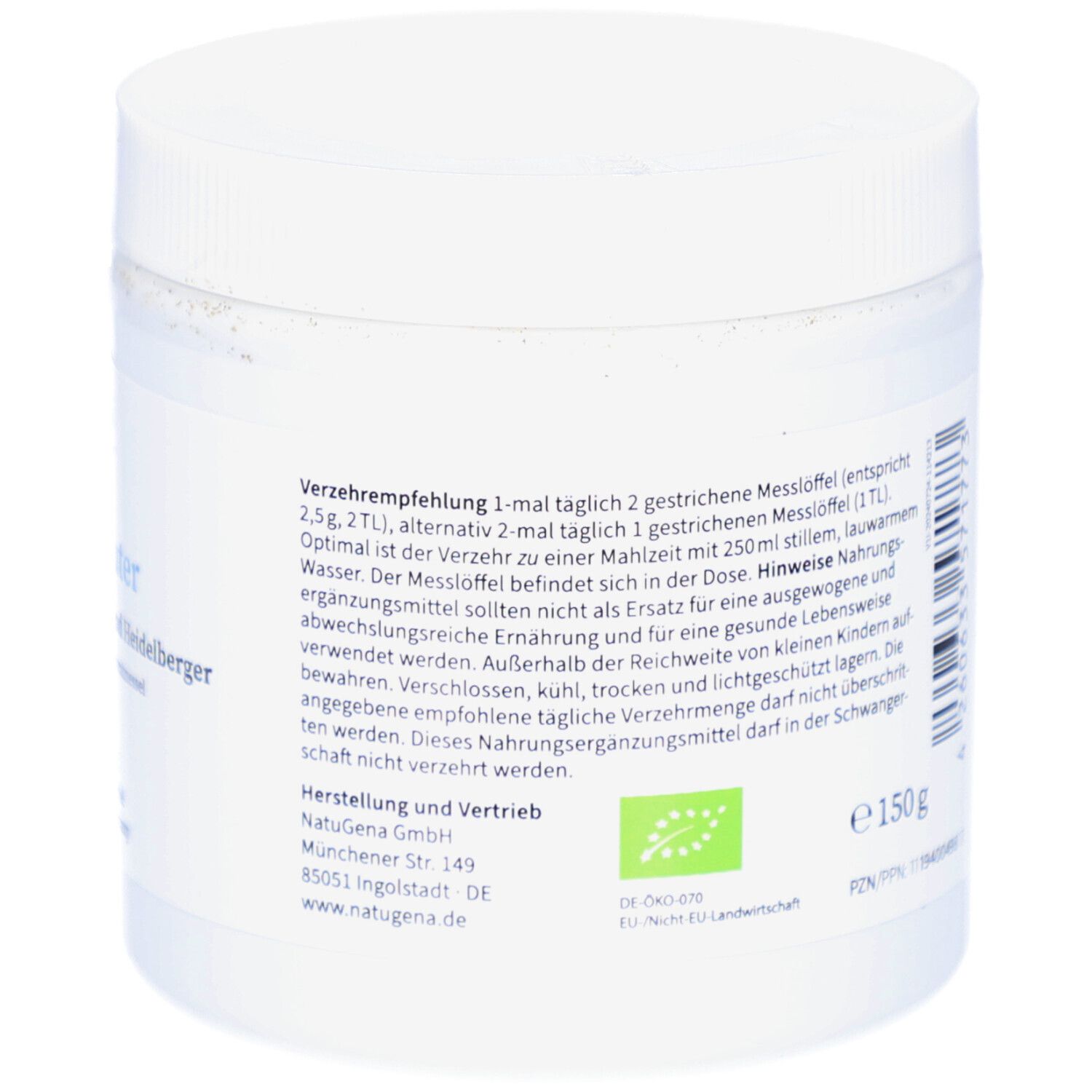 Rückseite des weißen Behälters. Text mit Verzehrempfehlung, Inhaltsstoffen, und Bio-Siegel. 150g.