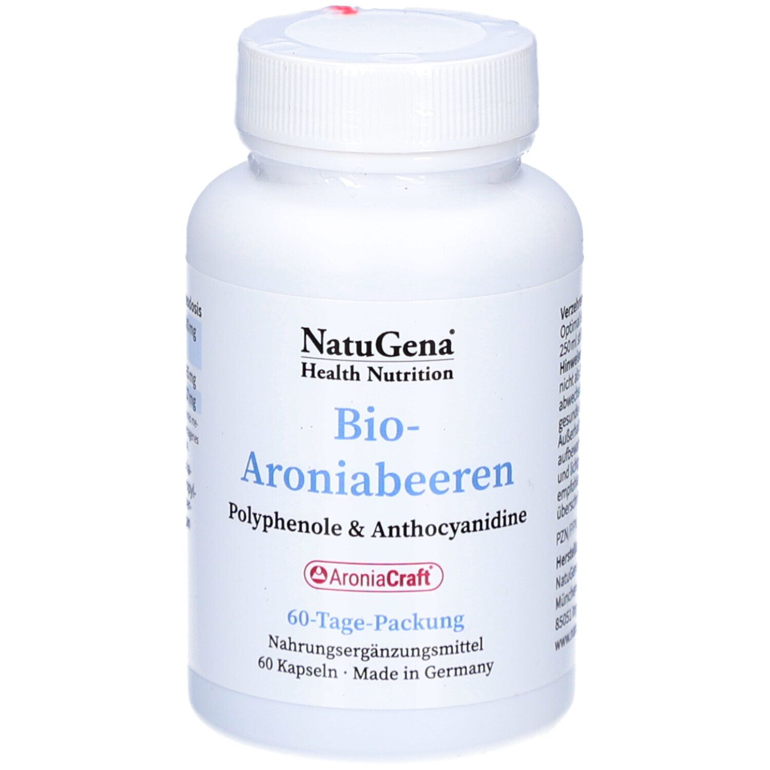 Weiße Flasche mit Kapseln. Aufschrift: NatuGena, Bio-Aronia, Polyphenole & Anthocyane. 60-Tage-Packung. AroniaCraft.