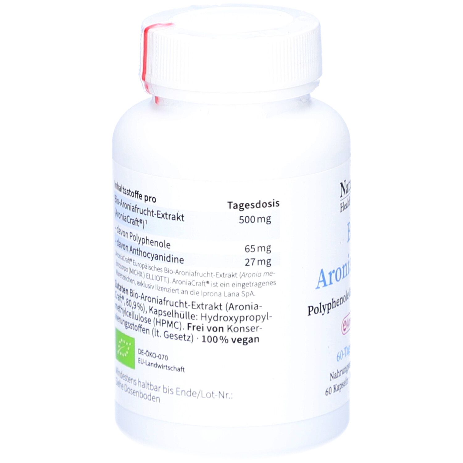 Rückseite der Flasche. Inhaltsstoffe pro Tagesdosis: 500mg. Bio-Aronia-Extrakt, davon Polyphenole 65mg, Anthocyane 27mg. Vegan.