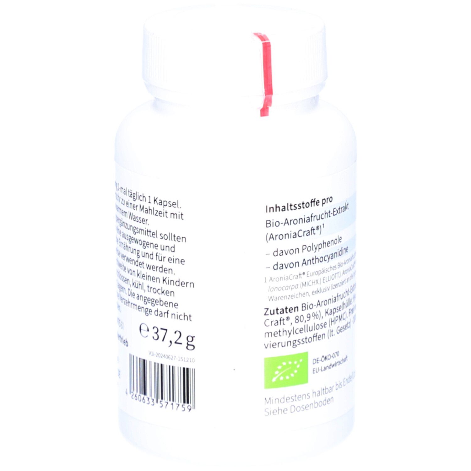 Rückseite der Flasche. Inhaltsstoffe, Gewicht 37,2g, Barcode, Bio-Siegel. Mindestens haltbar bis Ende/Los-Nr.