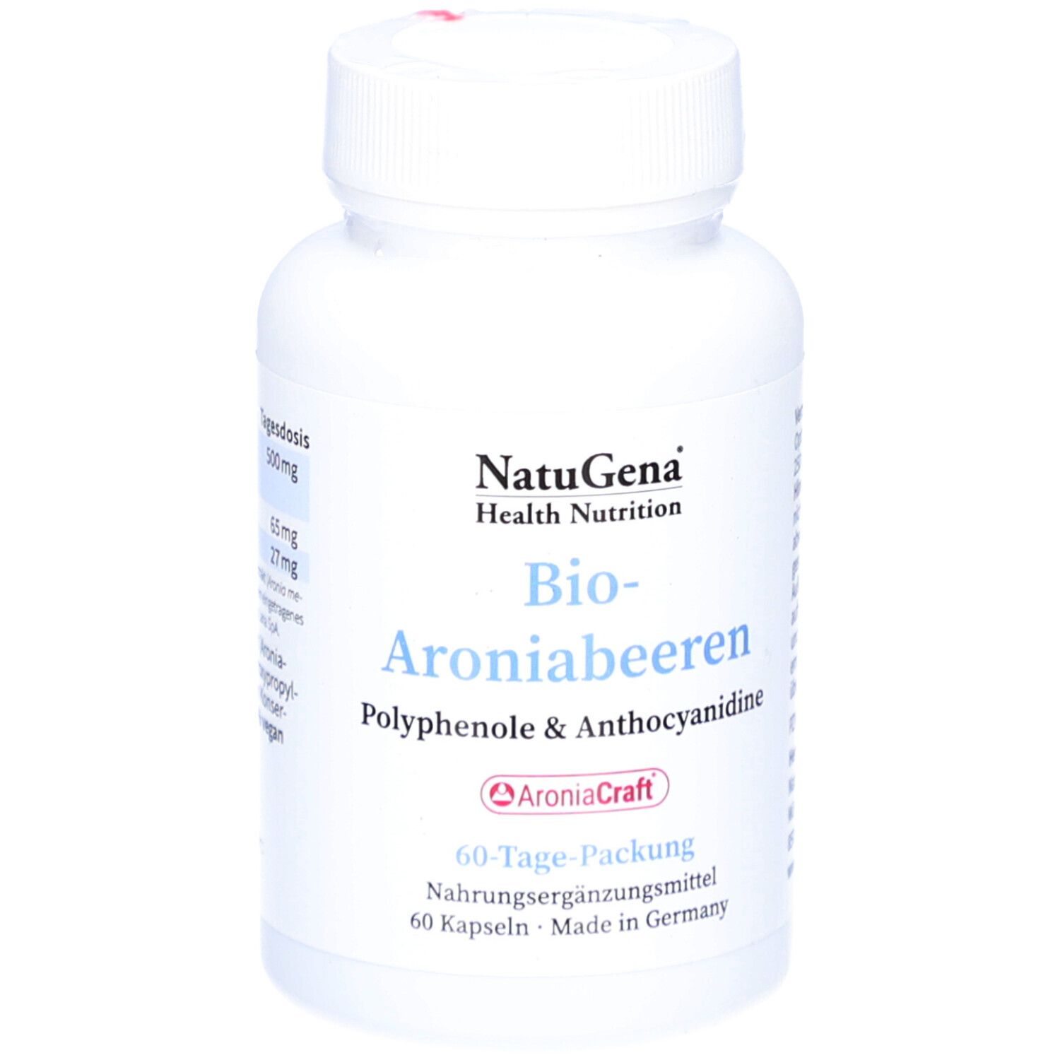 Weiße Flasche mit Kapseln. Aufschrift: NatuGena, Bio-Aronia, Polyphenole & Anthocyane. 60-Tage-Packung. AroniaCraft.