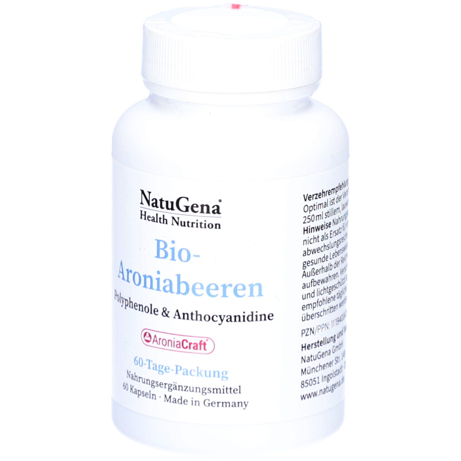 Weiße Flasche mit Kapseln. Aufschrift: NatuGena, Bio-Aronia, Polyphenole & Anthocyane. 60-Tage-Packung. AroniaCraft.