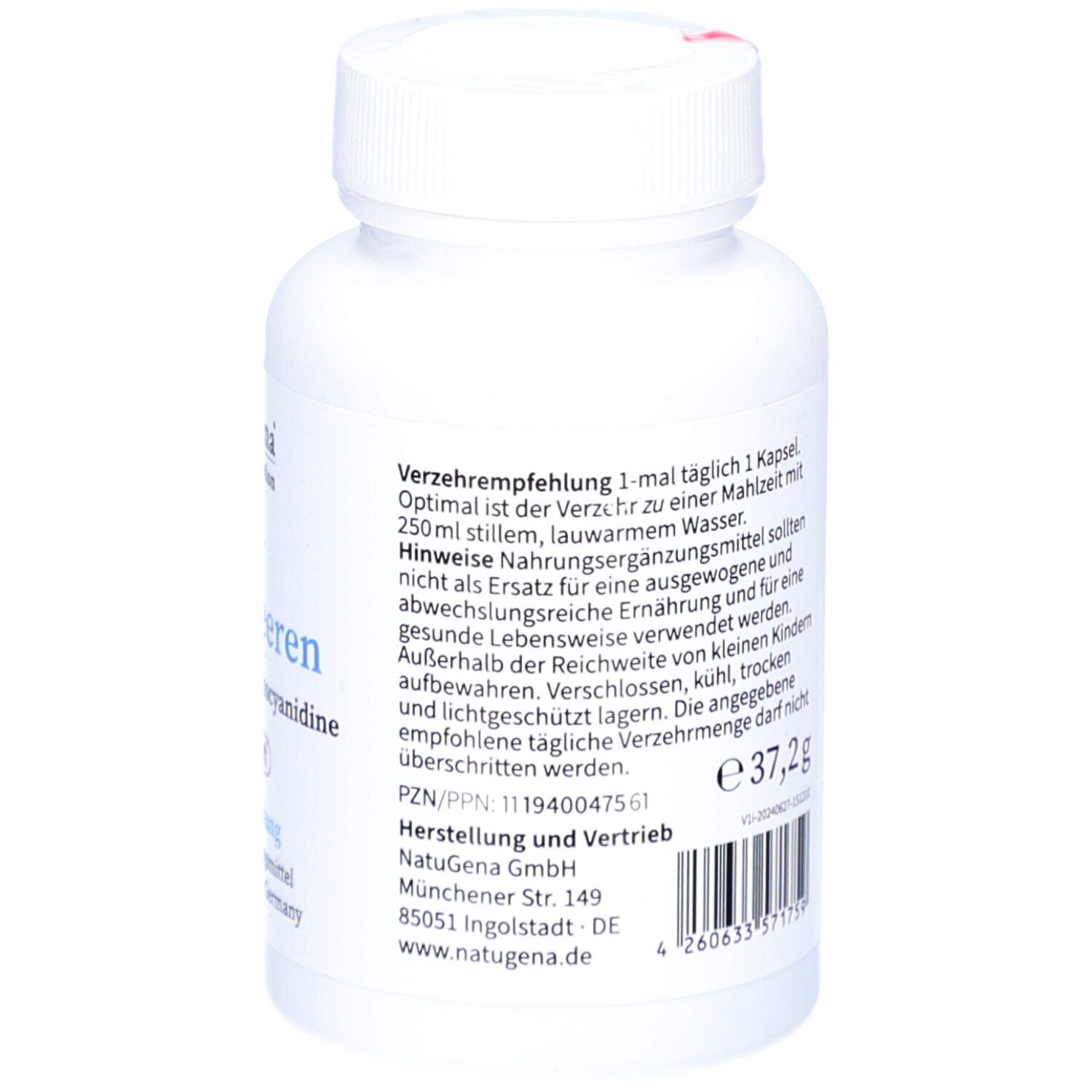Rückseite der Flasche. Verzehrempfehlung: 1 Kapsel täglich. Gewicht 37,2g. Hersteller- und Vertriebsinformationen.