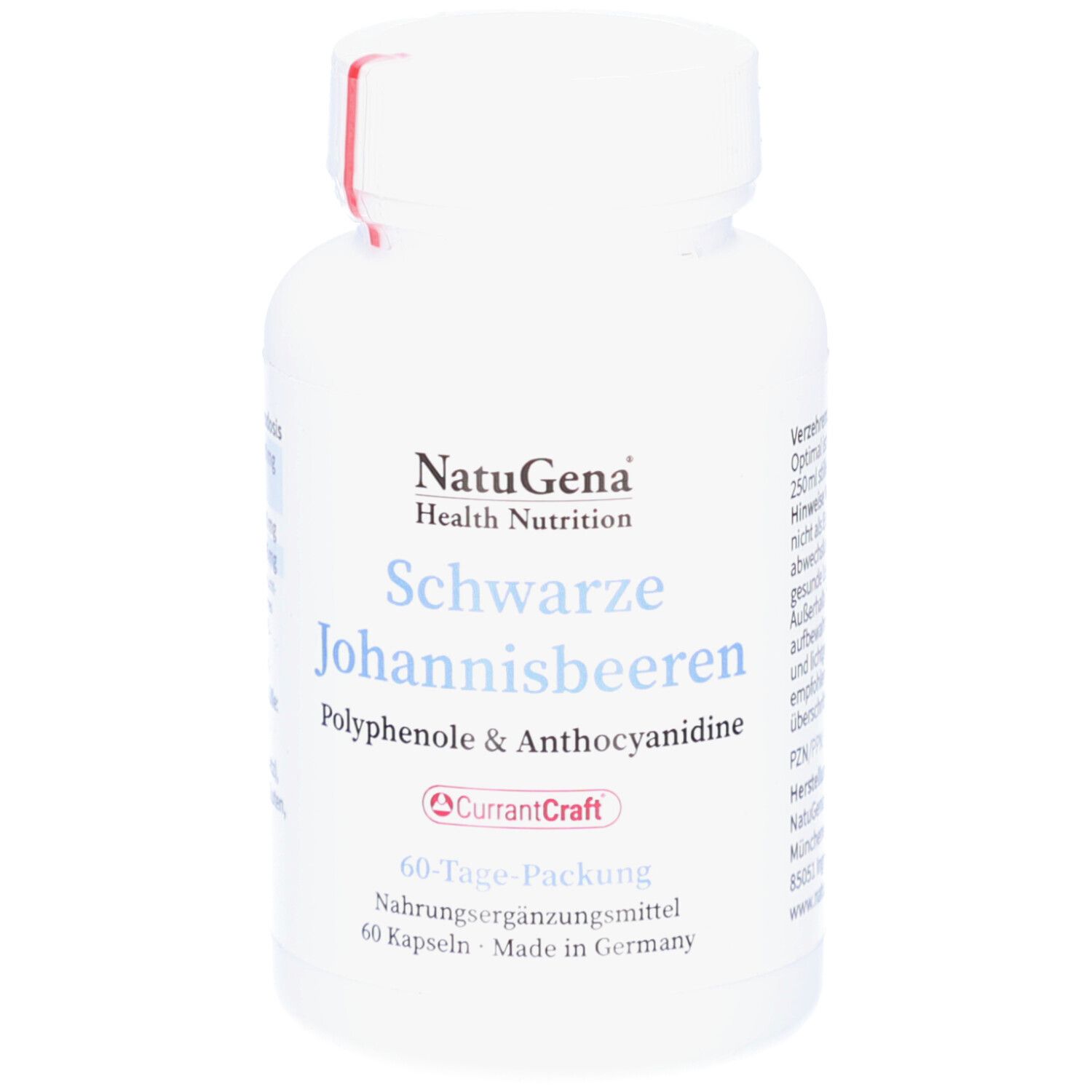 Weiße Flasche mit Kapseln. Aufschrift: NatuGena, Schwarze Johannisbeeren, Polyphenole & Anthocyane. 60 Kapseln.