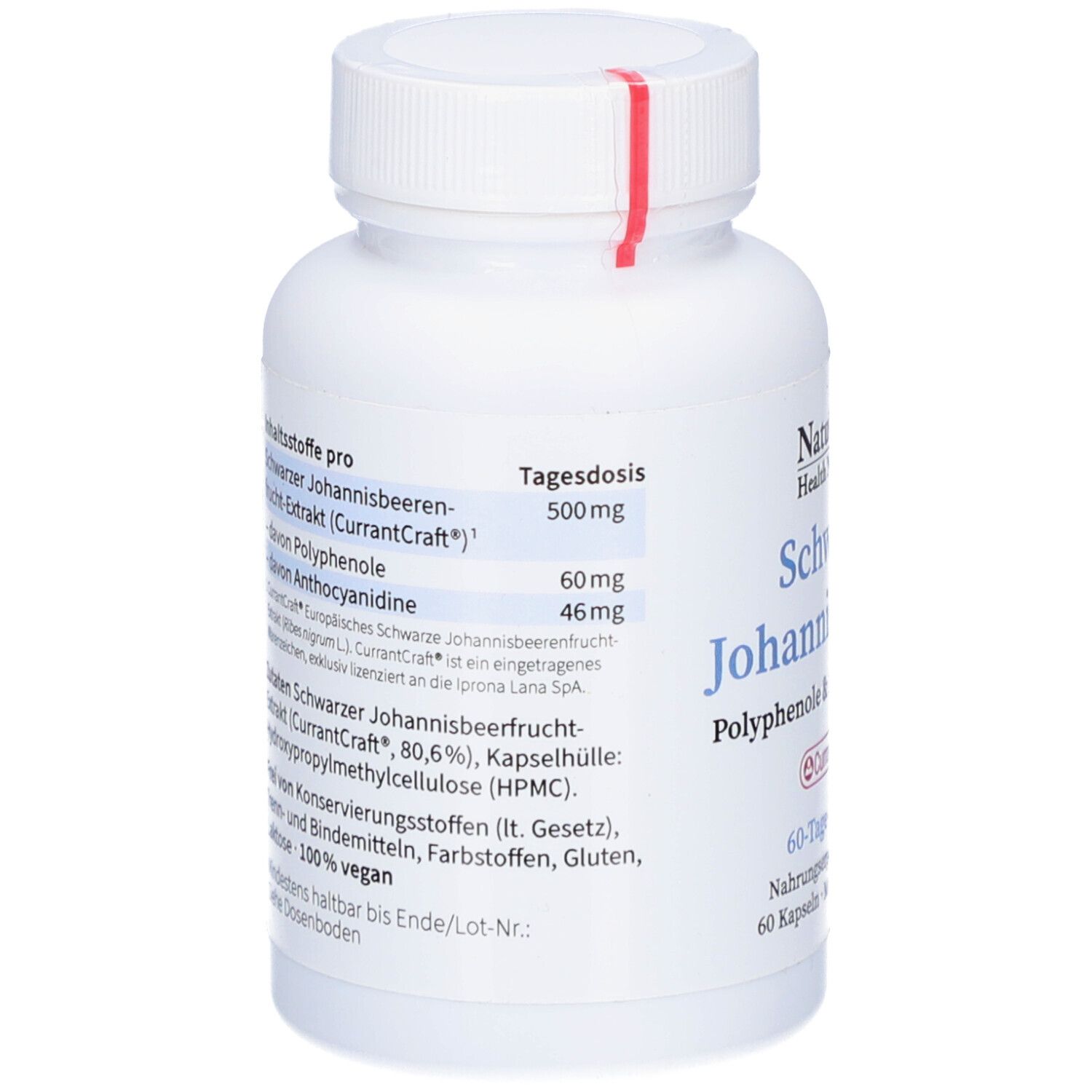Rückseite der Flasche mit Inhaltsstoffen. Schwarze Johannisbeeren-Extrakt, Polyphenole, Anthocyane. Tagesdosis: 500mg.