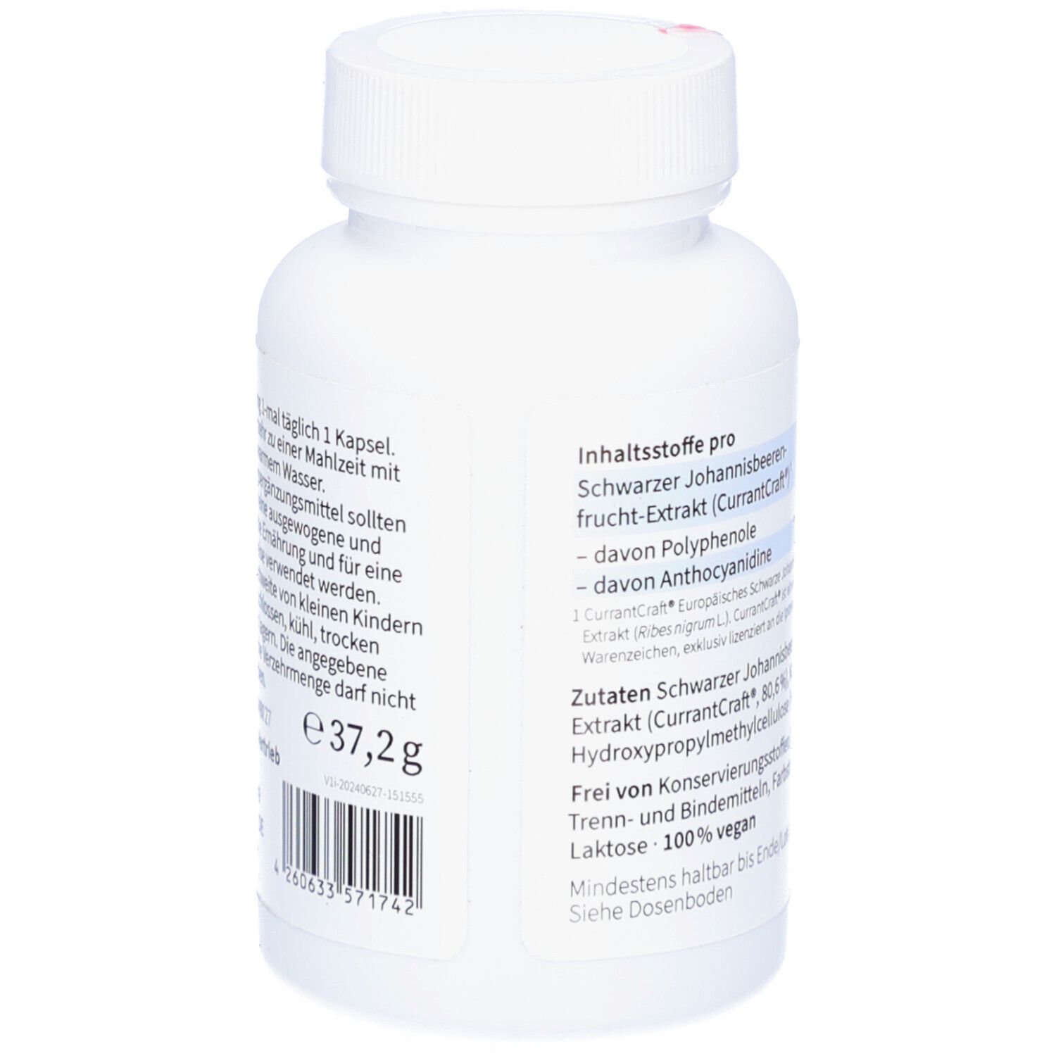 Rückseite der Flasche mit Text. Inhaltsstoffe, Verzehrempfehlung, Warnhinweise. Barcode und Gewicht: 37,2g.