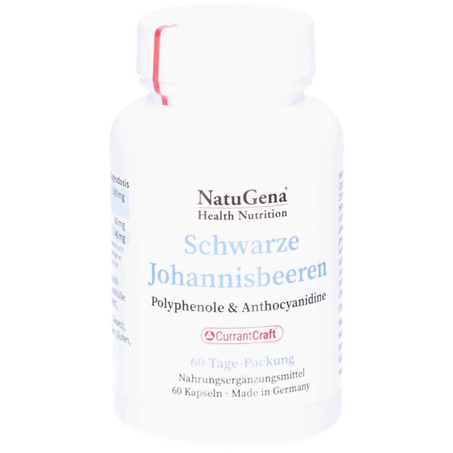 Weiße Flasche mit Kapseln. Aufschrift: NatuGena, Schwarze Johannisbeeren, Polyphenole & Anthocyane. 60 Kapseln.