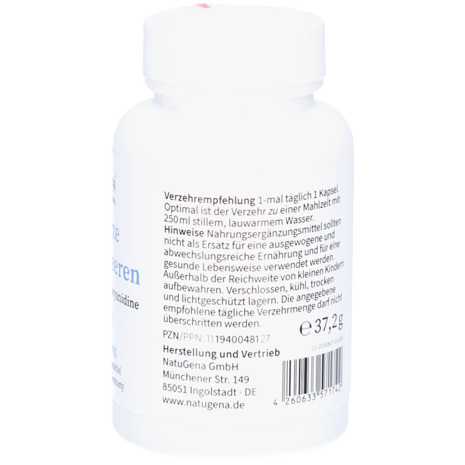 Rückseite der Flasche mit Text. Verzehrempfehlung, Warnhinweise, Herstellerinformationen. Barcode und Gewicht: 37,2g.
