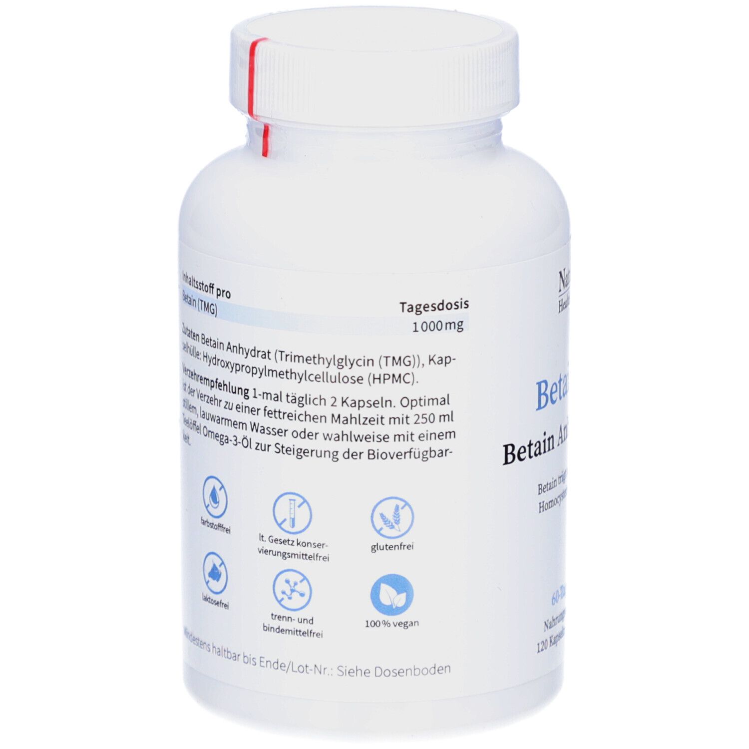 Rückseite der weißen Flasche. Aufschrift: NatuGena, Betain Anhydrat (TMG), Tagesdosis 1000mg, 120 Kapseln. Vegan.
