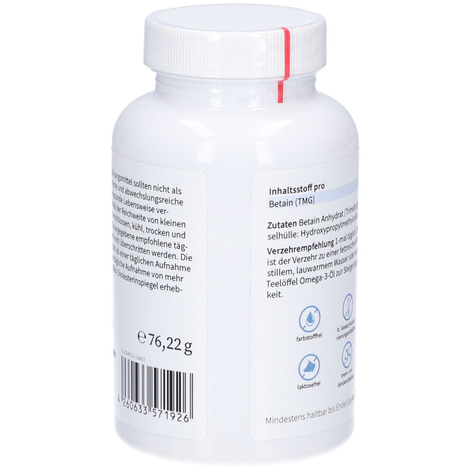 Rückseite der weißen Flasche. Aufschrift: Zutaten, Verzehrempfehlung, e76,22g, Barcode. Mindestens haltbar bis...