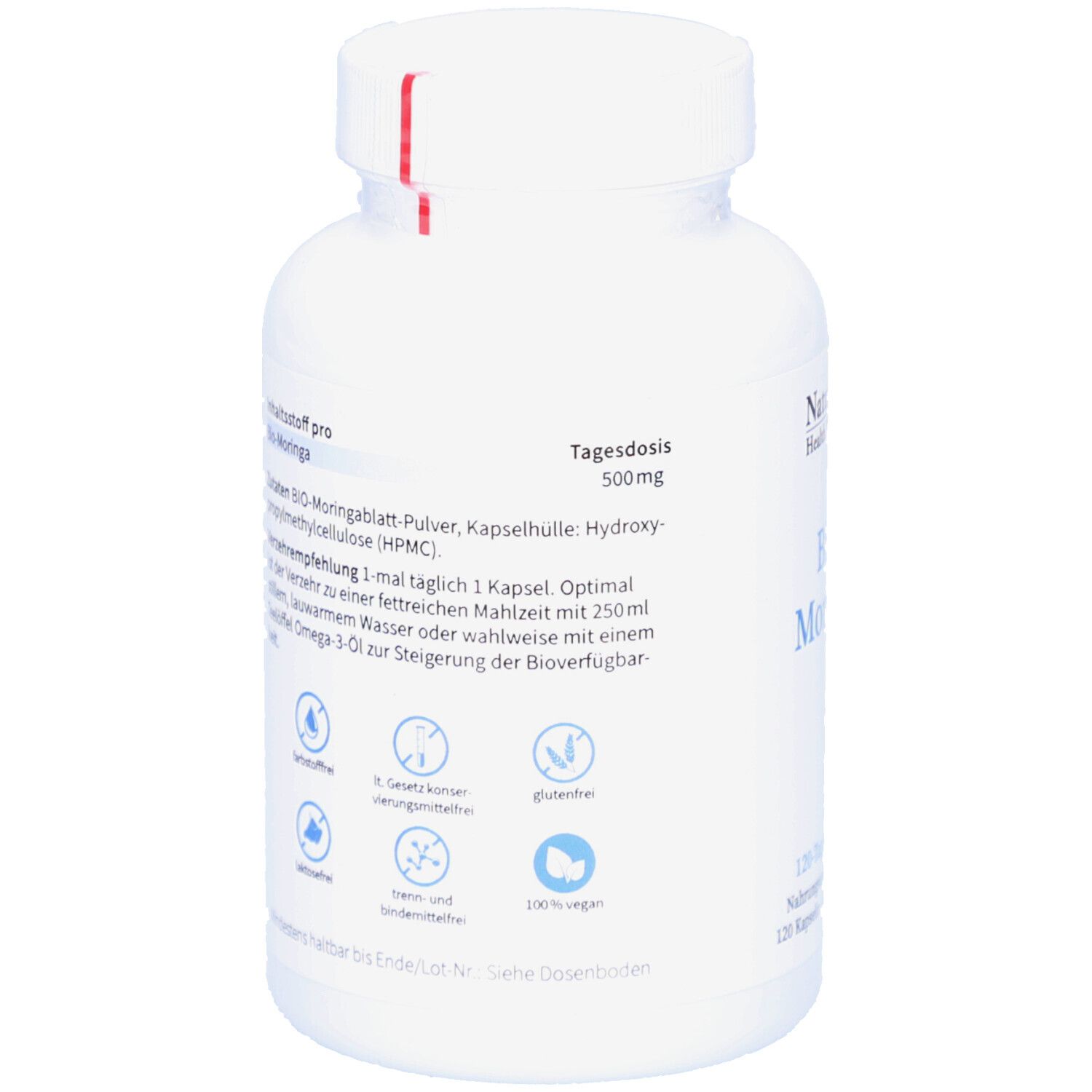 Rückseite der weißen Flasche. Text: Tagesdosis 500mg, Zutaten, Verzehrempfehlung. Symbole: laktosefrei, glutenfrei, vegan.