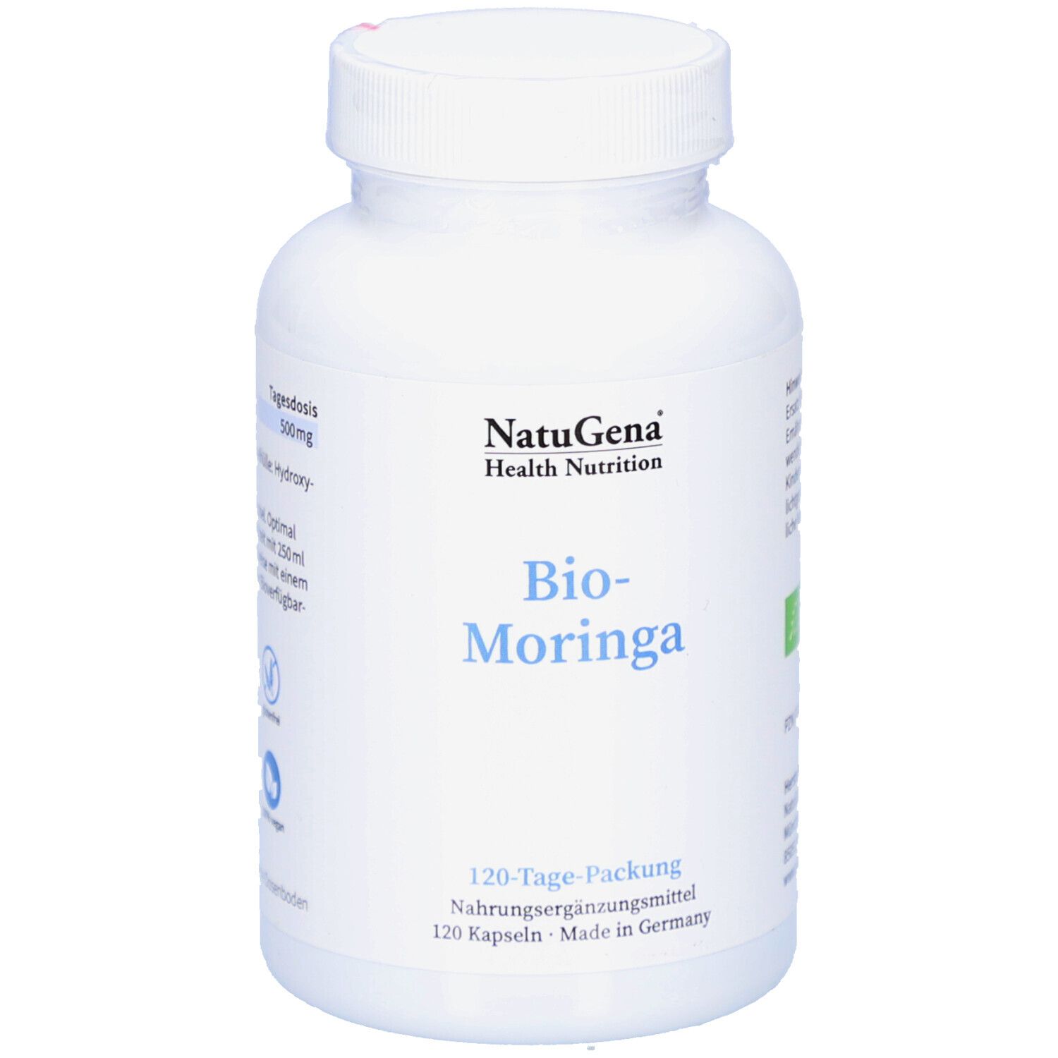 Weiße Flasche mit Kapseln. Aufschrift: NatuGena, Bio-Moringa, 120-Tage-Packung. Grünes Bio-Siegel.