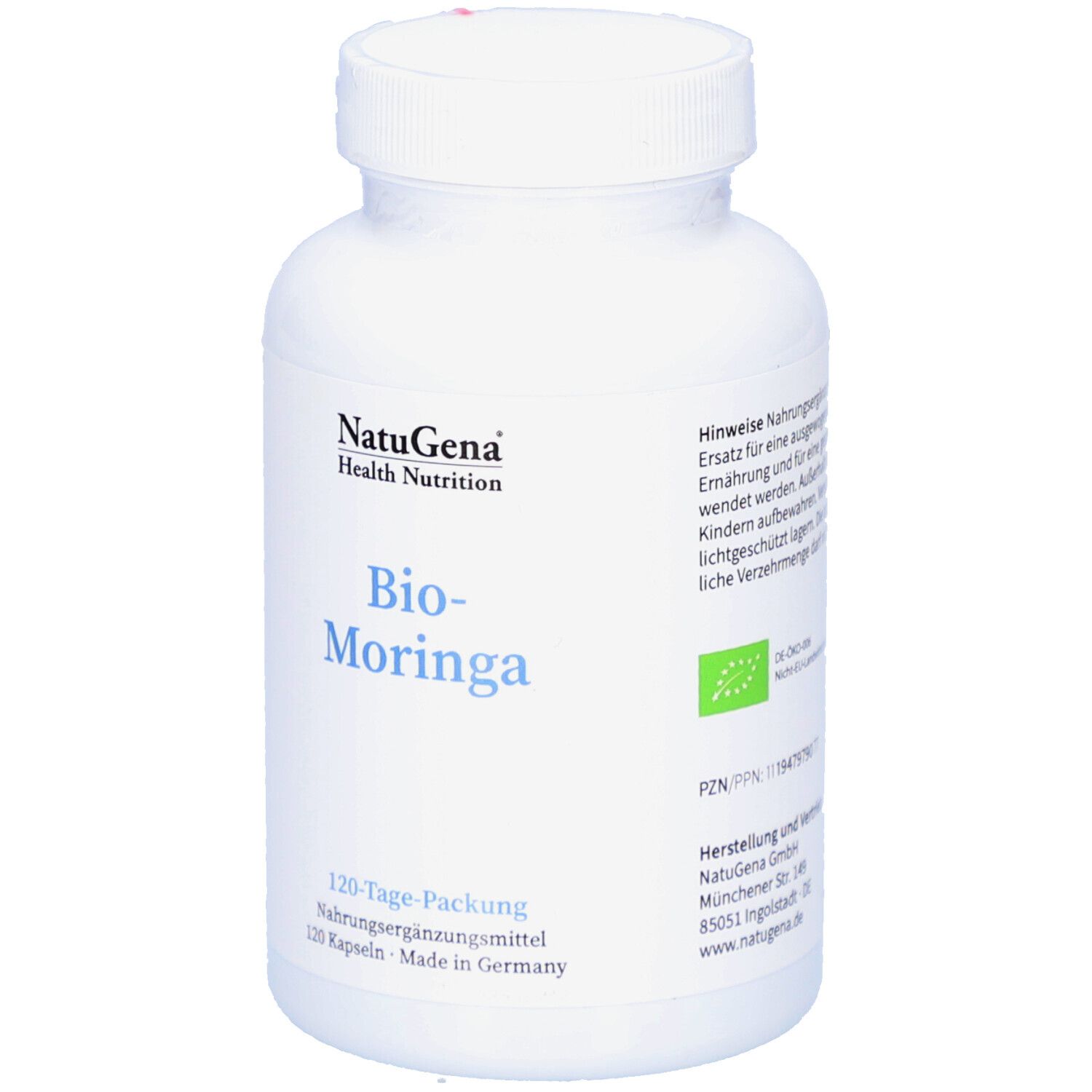 Weiße Flasche mit Kapseln. Aufschrift: NatuGena, Bio-Moringa, 120-Tage-Packung. Grünes Bio-Siegel.