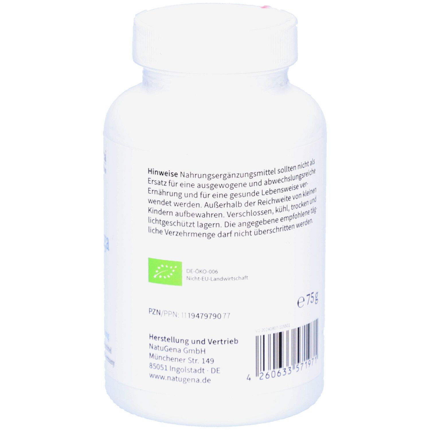 Rückseite der weißen Flasche. Text: Hinweise, Herstellerinformationen, Bio-Siegel, Gewicht: 75g. Barcode.