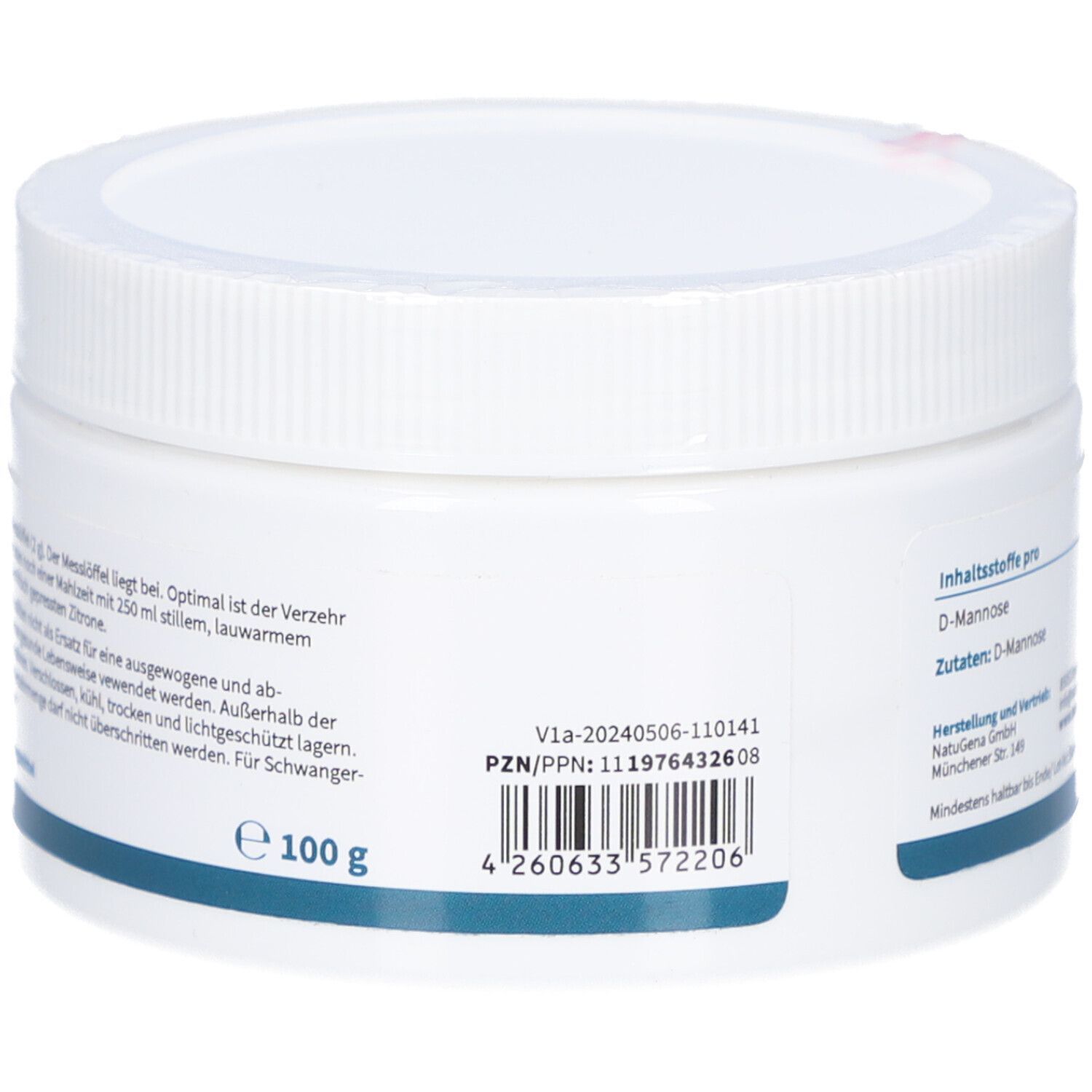 Weißes, rundes Produktgebinde mit Schraubverschluss. Aufschrift: 100 g. PZN/PPN-Nummer. Informationen zur Anwendung und Lagerung.