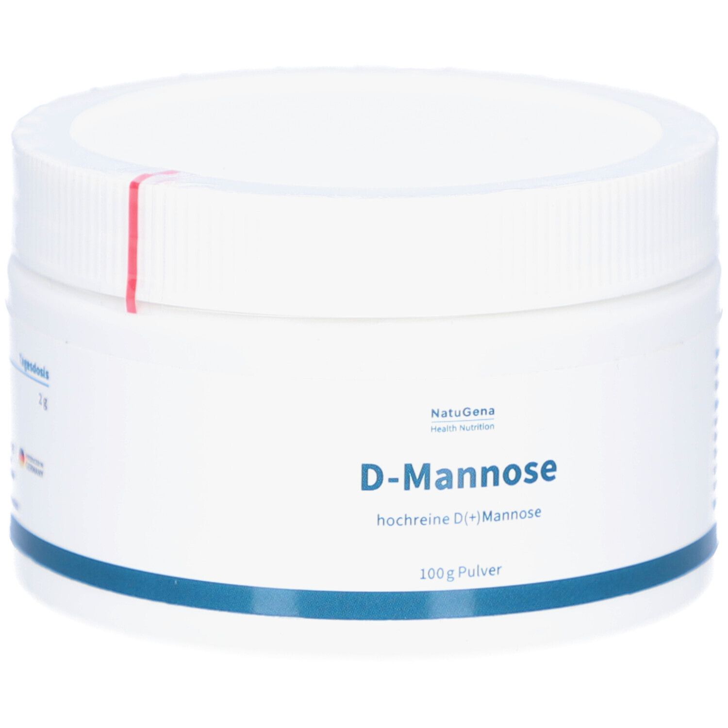 Weißes, rundes Produktgebinde mit Schraubverschluss. Aufschrift: D-Mannose, hochreine D(+)Mannose, 100g Pulver. Marke: NatuGena.