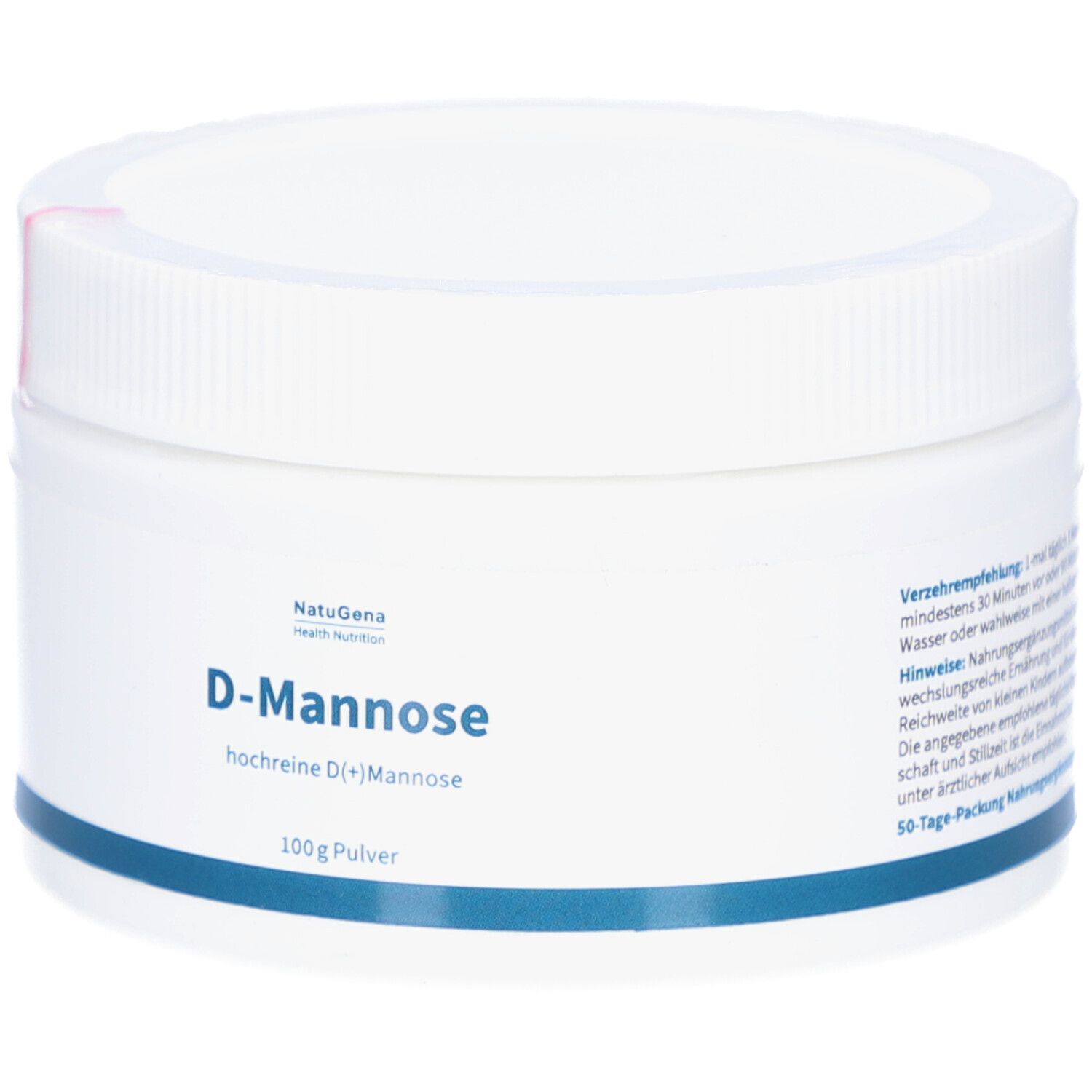 Weißes, rundes Produktgebinde mit Schraubverschluss. Aufschrift: D-Mannose, hochreine D(+)Mannose, 100g Pulver. Marke: NatuGena.