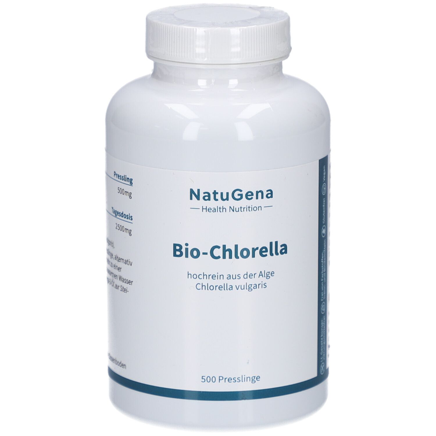 Weiße Flasche mit Schraubverschluss. Aufschrift: Bio-Chlorella, 500 Presslinge. Marke: NatuGena.