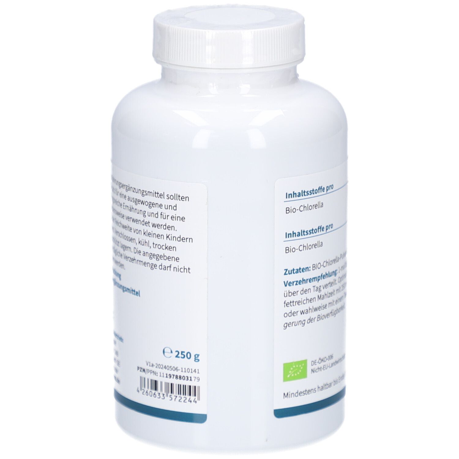 Rückseite einer weißen Flasche. Text: Bio-Chlorella, Inhaltsstoffe, Verzehrempfehlung. 250g.