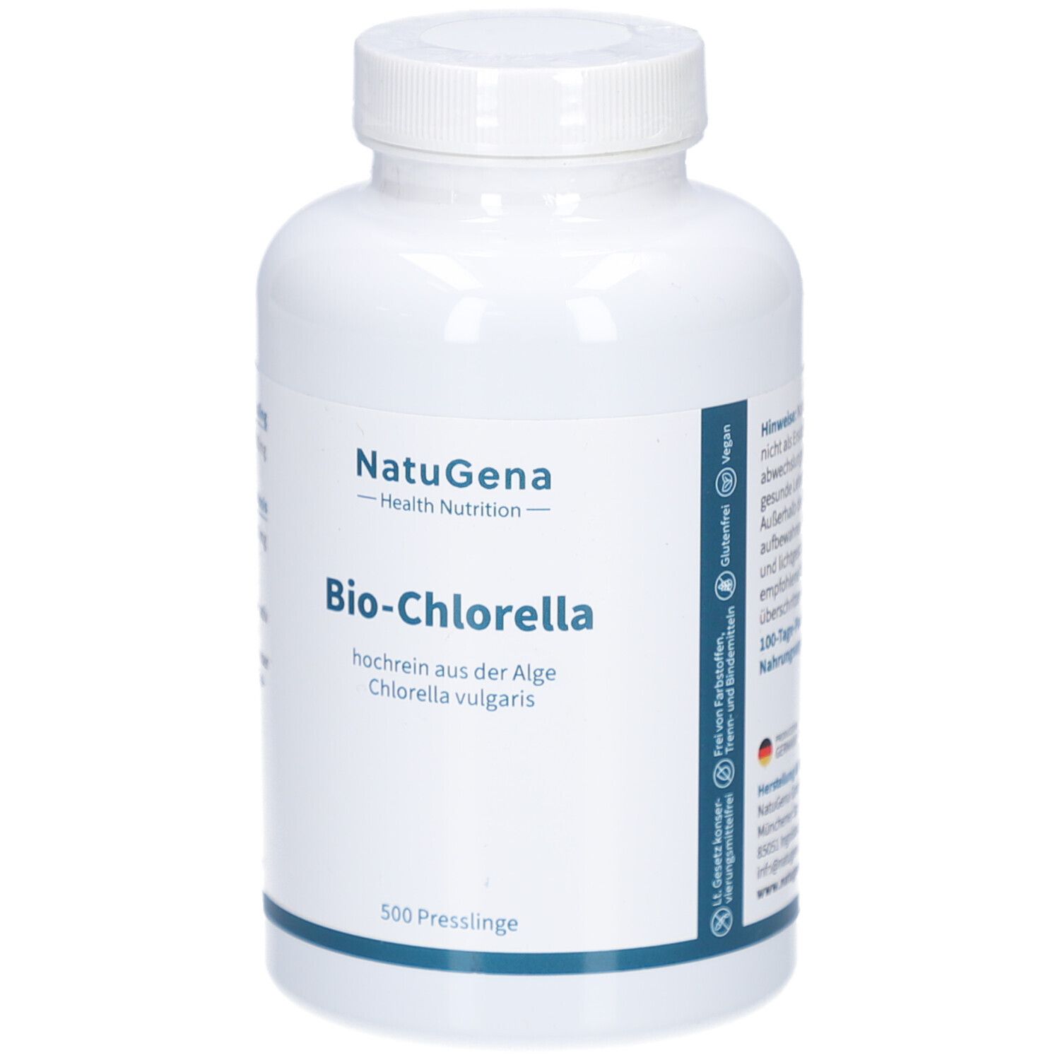 Weiße Flasche mit Schraubverschluss. Aufschrift: Bio-Chlorella, 500 Presslinge. Marke: NatuGena. Vegan-Logo.