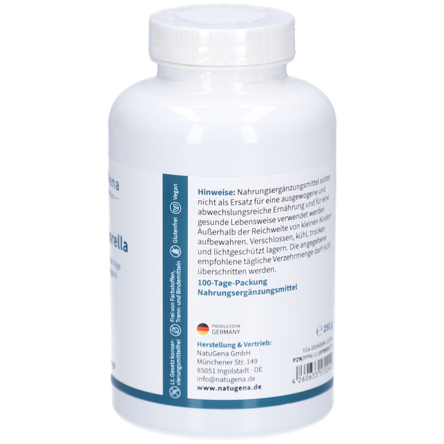 Rückseite einer weißen Flasche. Text: Bio-Chlorella, Hinweise, 100-Tage-Packung. Herstellerinformationen.