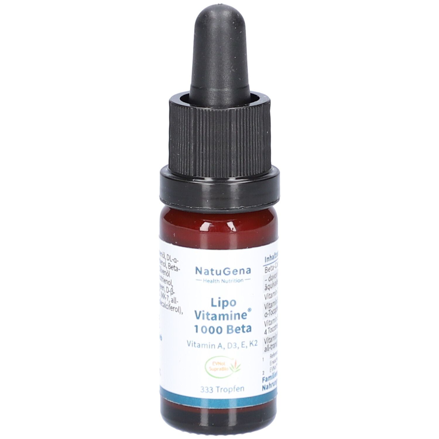 Braune Glasflasche mit schwarzem Deckel und Pipette. Beschriftung: Lipo Vitamine 1000 Beta. Enthält Vitamin A, D3, E, K2.
