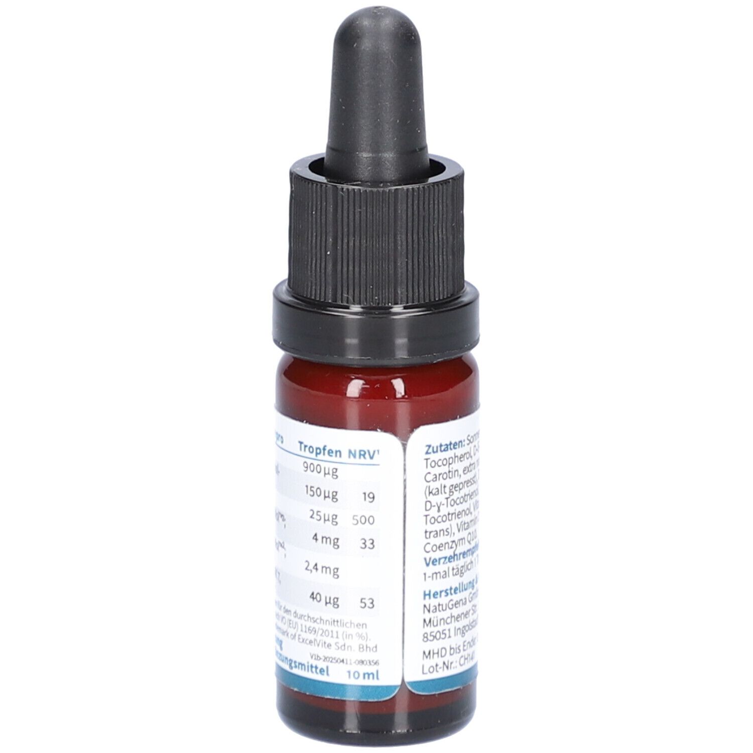 Braune Glasflasche mit schwarzem Deckel und Pipette. Enthält Nährwertangaben pro Tropfen und pro 10 ml.