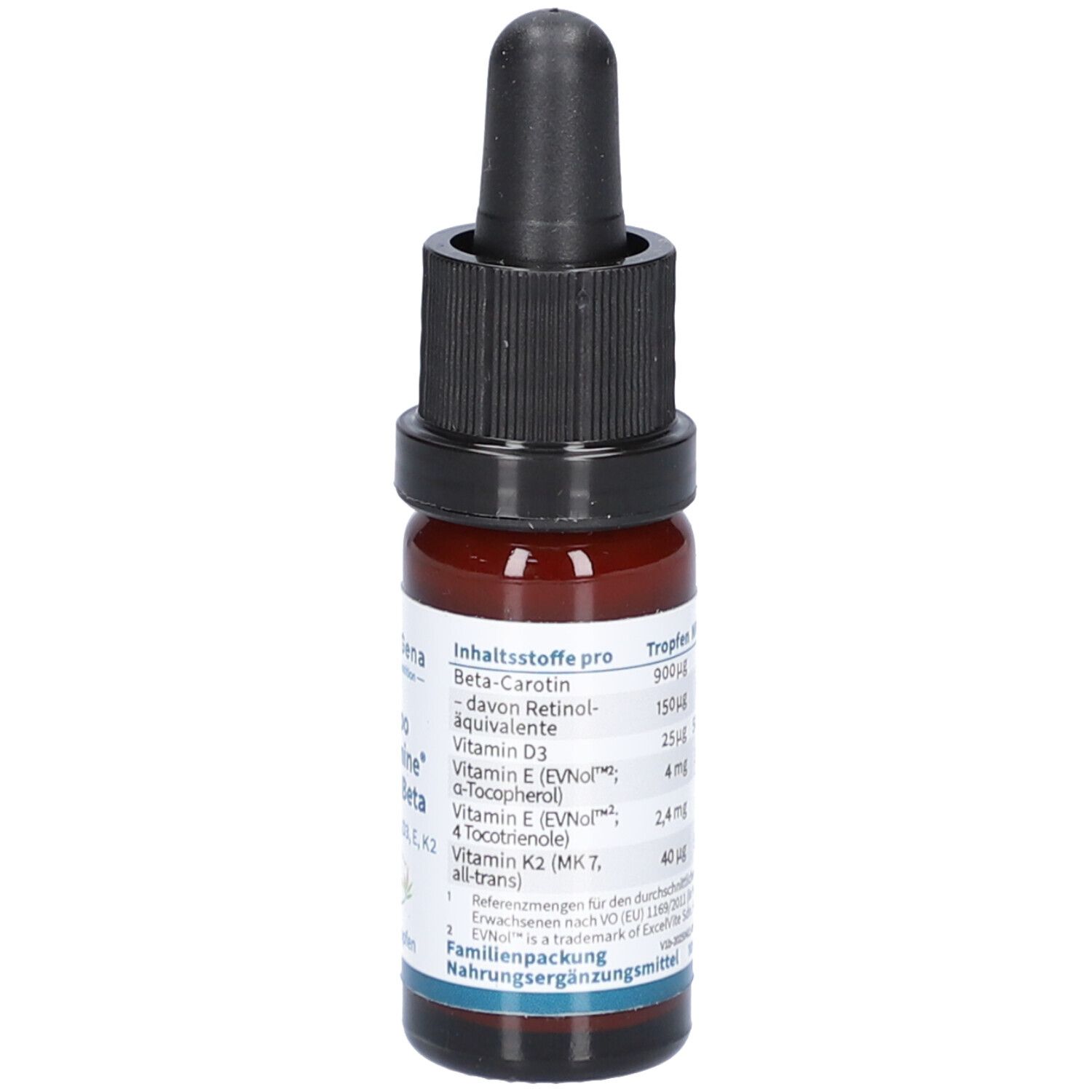 Braune Glasflasche mit schwarzem Deckel und Pipette. Enthält Inhaltsstoffe pro Tropfen. Enthält Beta-Carotin, Vitamin D3, E, K2.