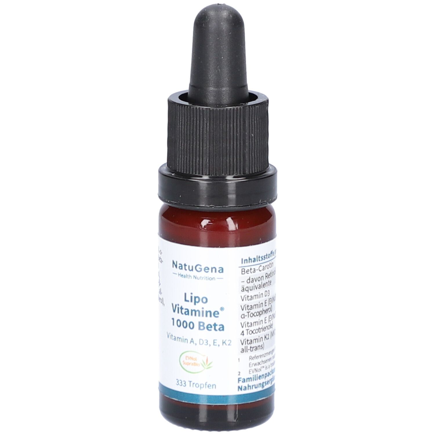 Braune Glasflasche mit schwarzem Deckel und Pipette. Beschriftung: Lipo Vitamine 1000 Beta. Enthält Vitamin A, D3, E, K2.