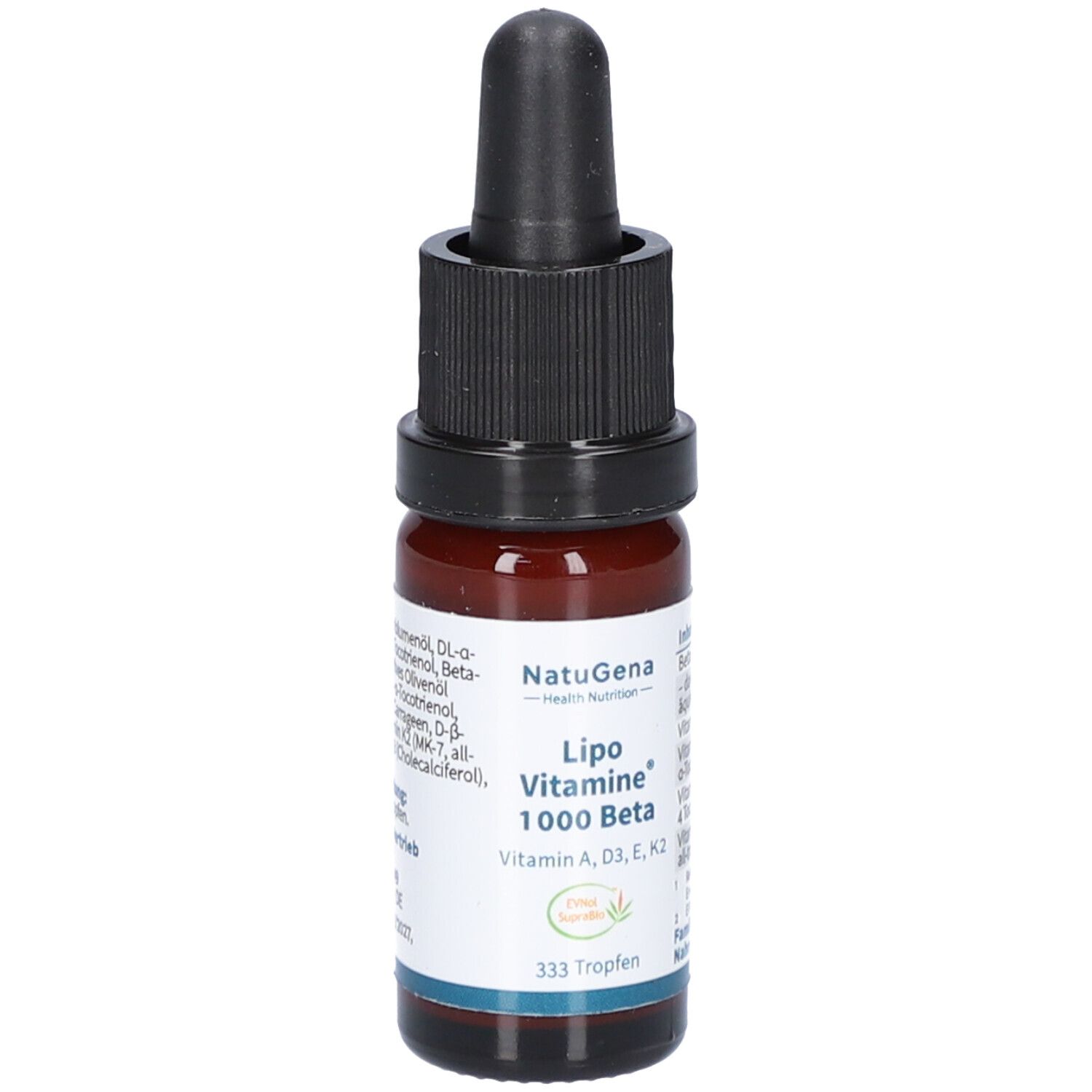 Braune Glasflasche mit schwarzem Deckel und Pipette. Beschriftung: Lipo Vitamine 1000 Beta. Enthält Vitamin A, D3, E, K2.