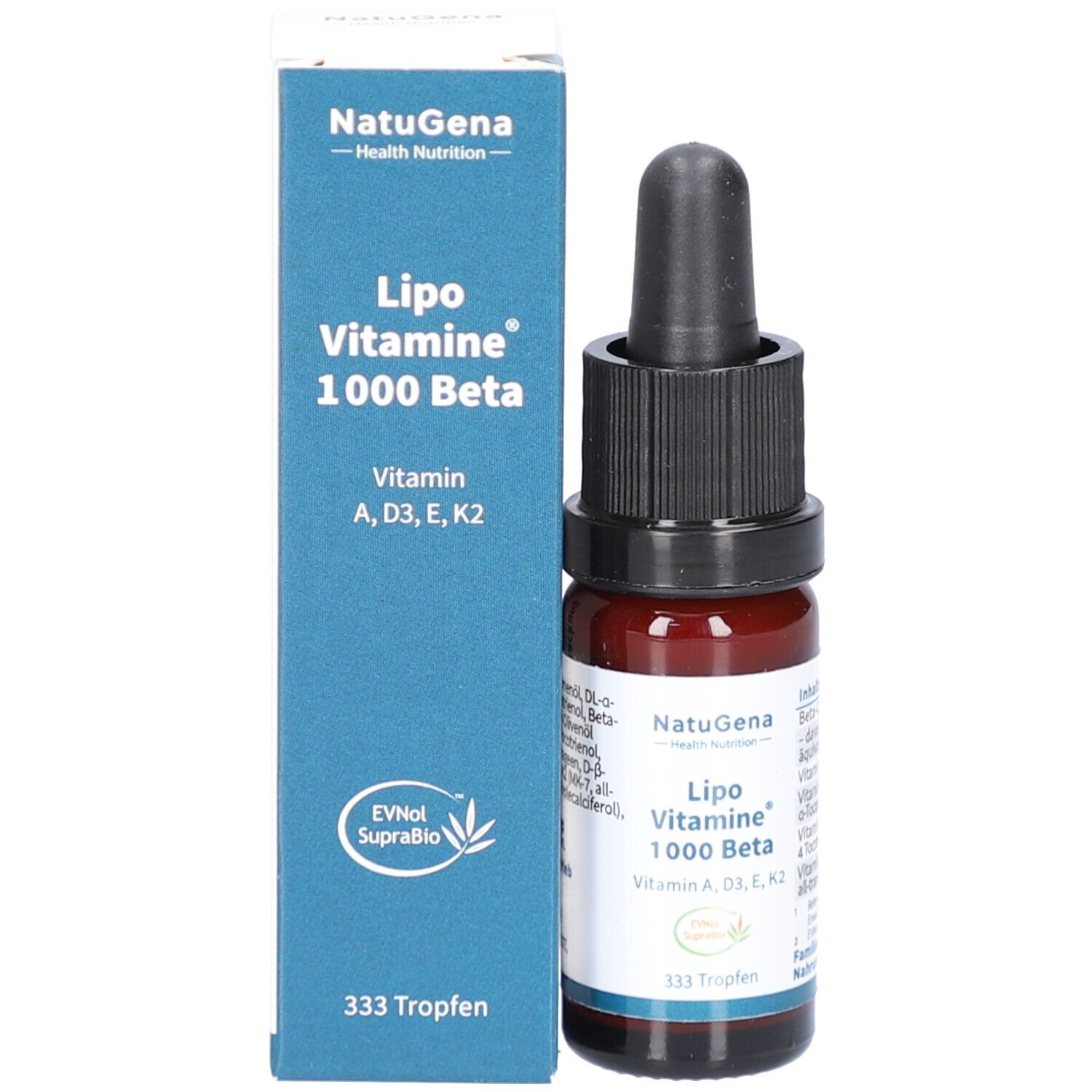 Braune Glasflasche mit schwarzem Deckel und Pipette neben einer blauen Schachtel. Beschriftung: Lipo Vitamine 1000 Beta.