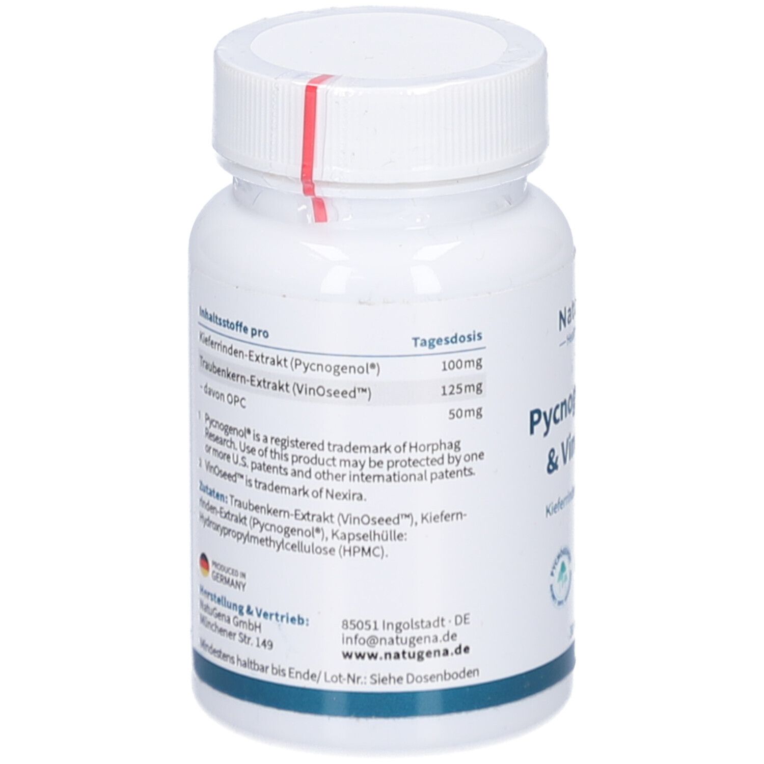 Rückseite der weißen Flasche. Enthält Informationen zu Inhaltsstoffen, Hersteller und Kontaktinformationen.