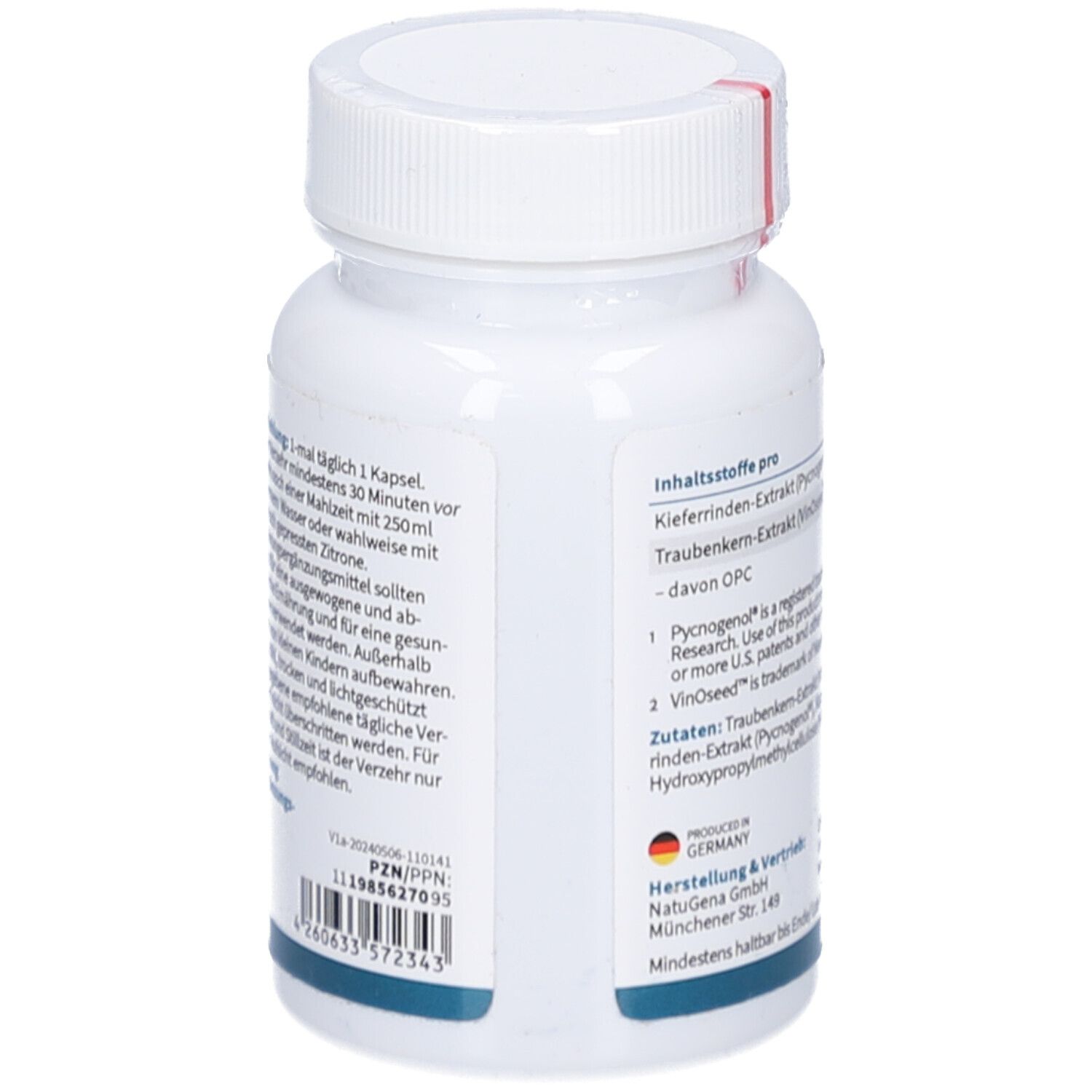 Weiße Flasche mit Kapseln. Aufschrift und Informationen zur Anwendung. Hergestellt in Deutschland.