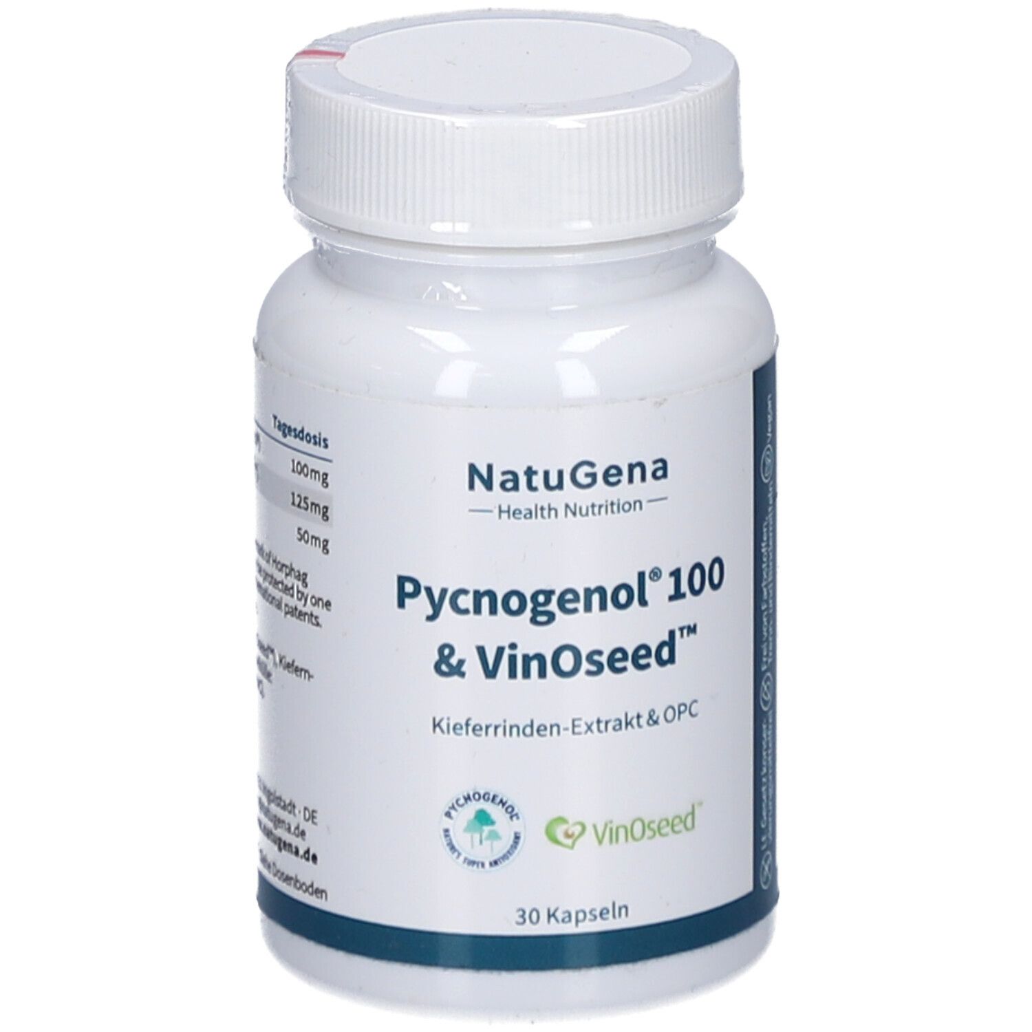 Weiße Flasche mit Kapseln. Aufschrift: NatuGena, Pycnogenol 100 & VinoSeed, 30 Kapseln. Siegel.