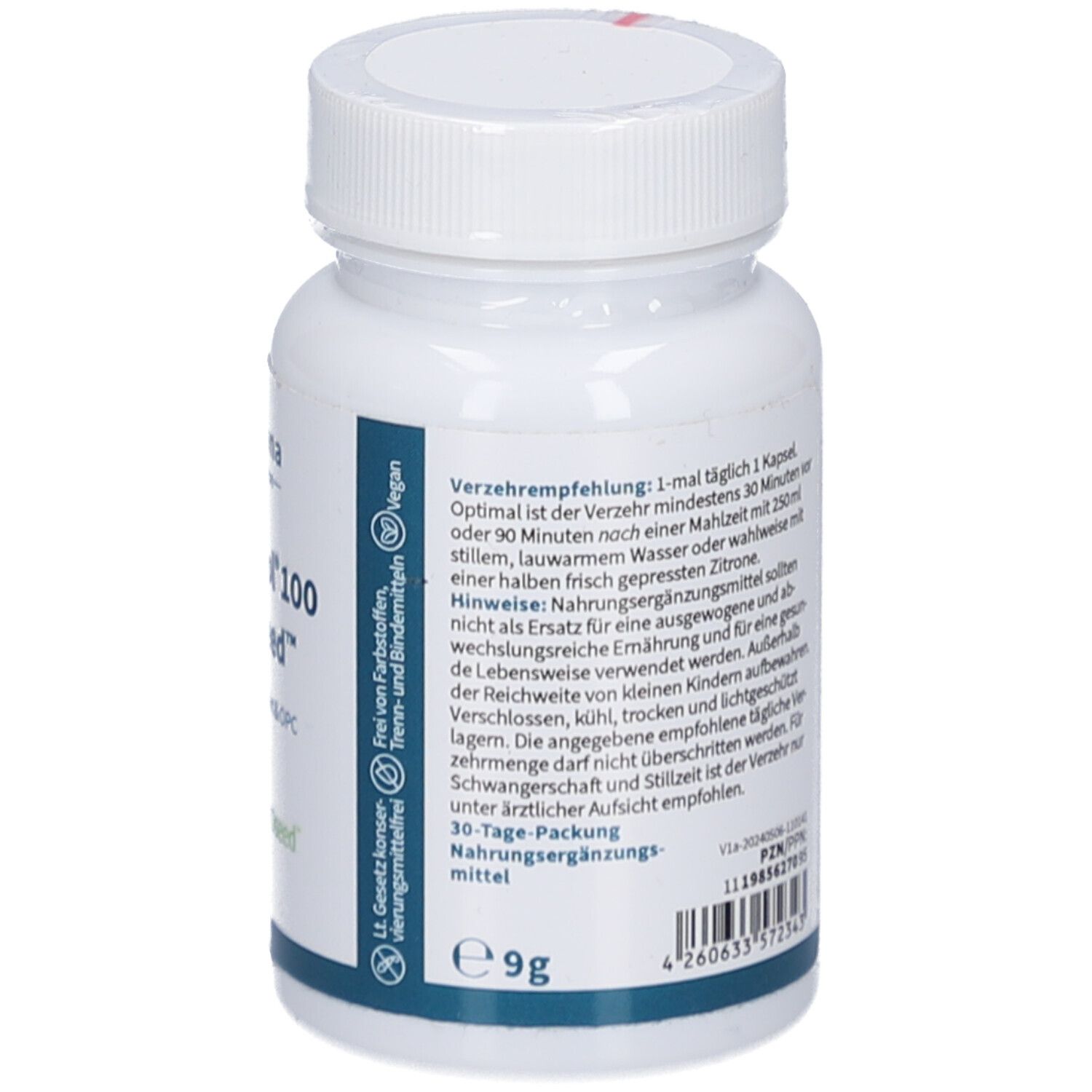 Rückseite der weißen Flasche. Informationen zu Inhaltsstoffen, Anwendung, vegan, 9g. 30-Tage-Packung.