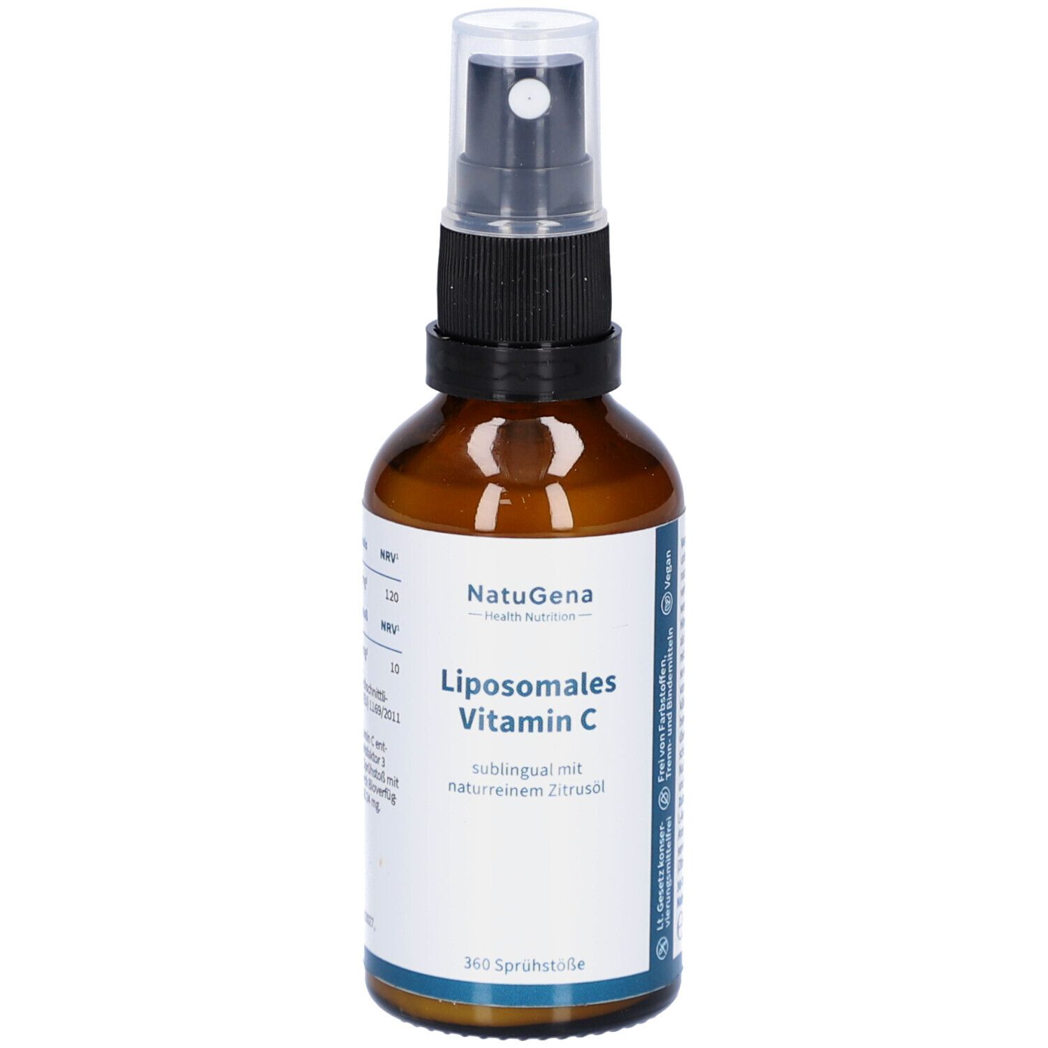 Braune Glasflasche mit Sprühkopf. Beschriftung: NatuGena, Liposomales Vitamin C, 360 Sprühstöße.